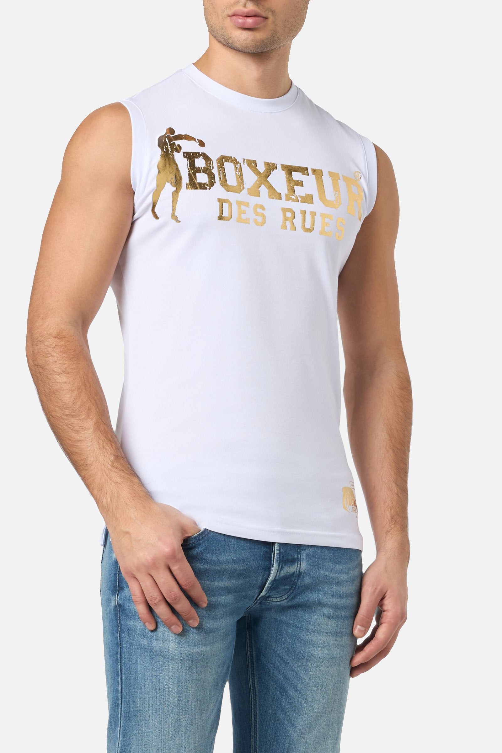 Basic Printed Tank Top in White-Gold Tops Boxeur des Rues   