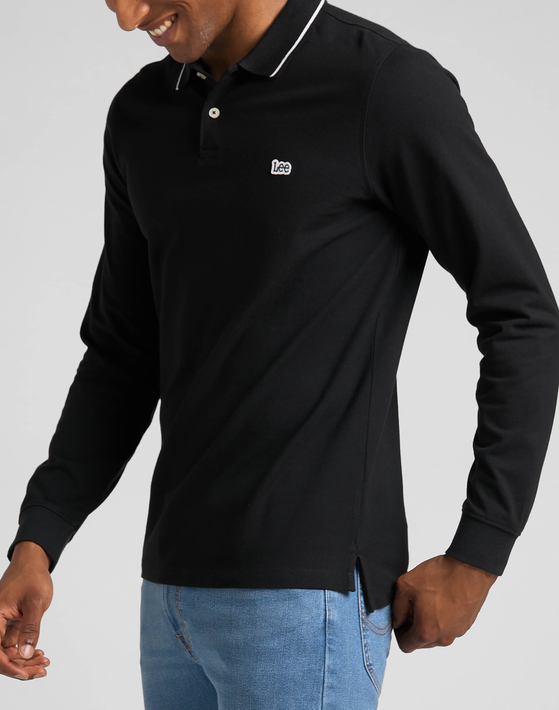 Langarm Pique Polo in Black Black T-Shirts Lee   