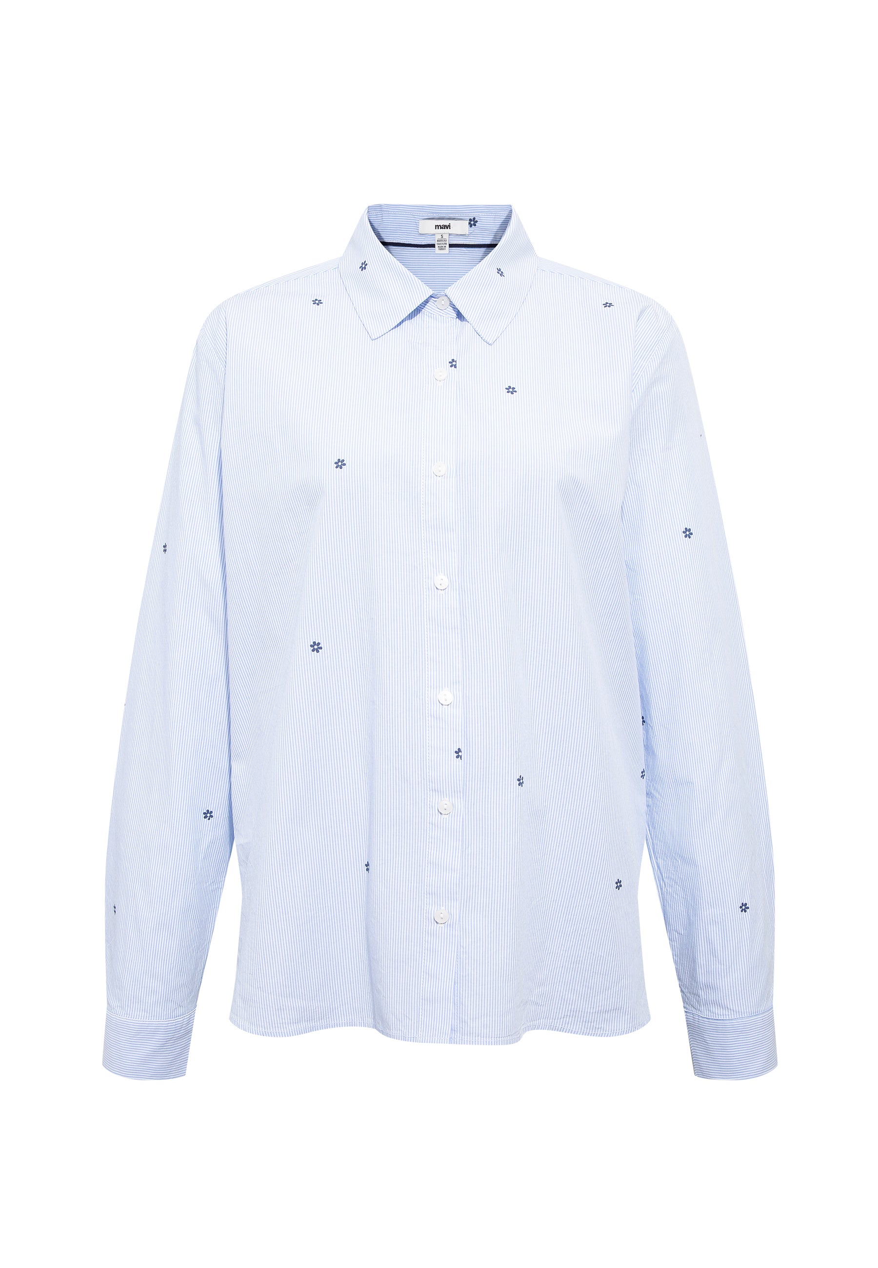 Long Sleeve Woven Shirt in Oxford Striped Small Daisy Print Hemden Mavi