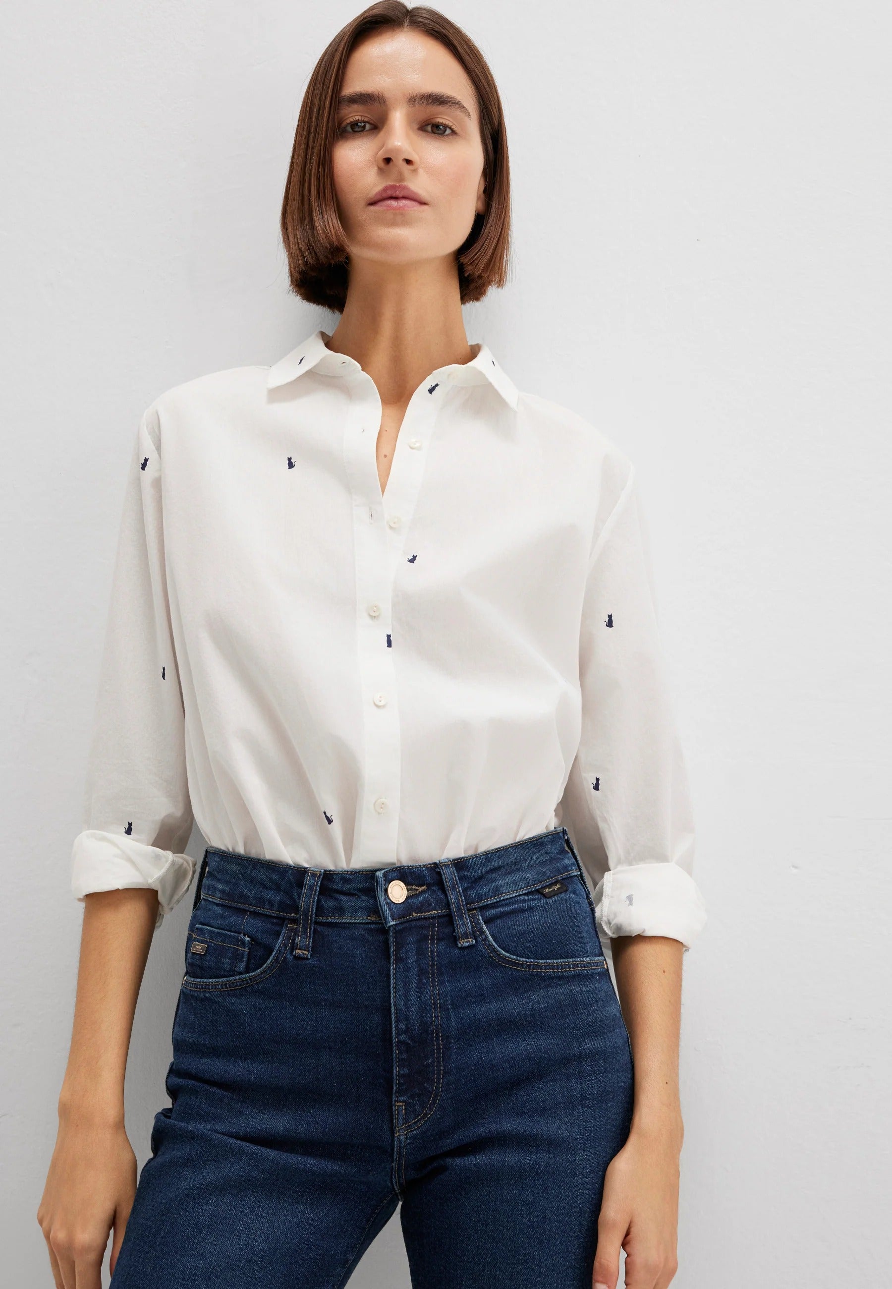 Long Sleeve Woven Shirt in Cat All Over Print Hemden Mavi