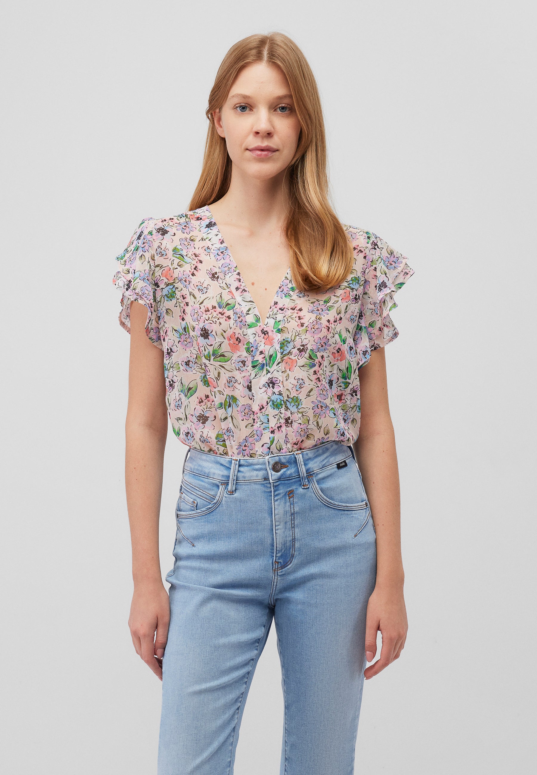 Short Sleeve Blouse in Watercolor Print Hemden Mavi   