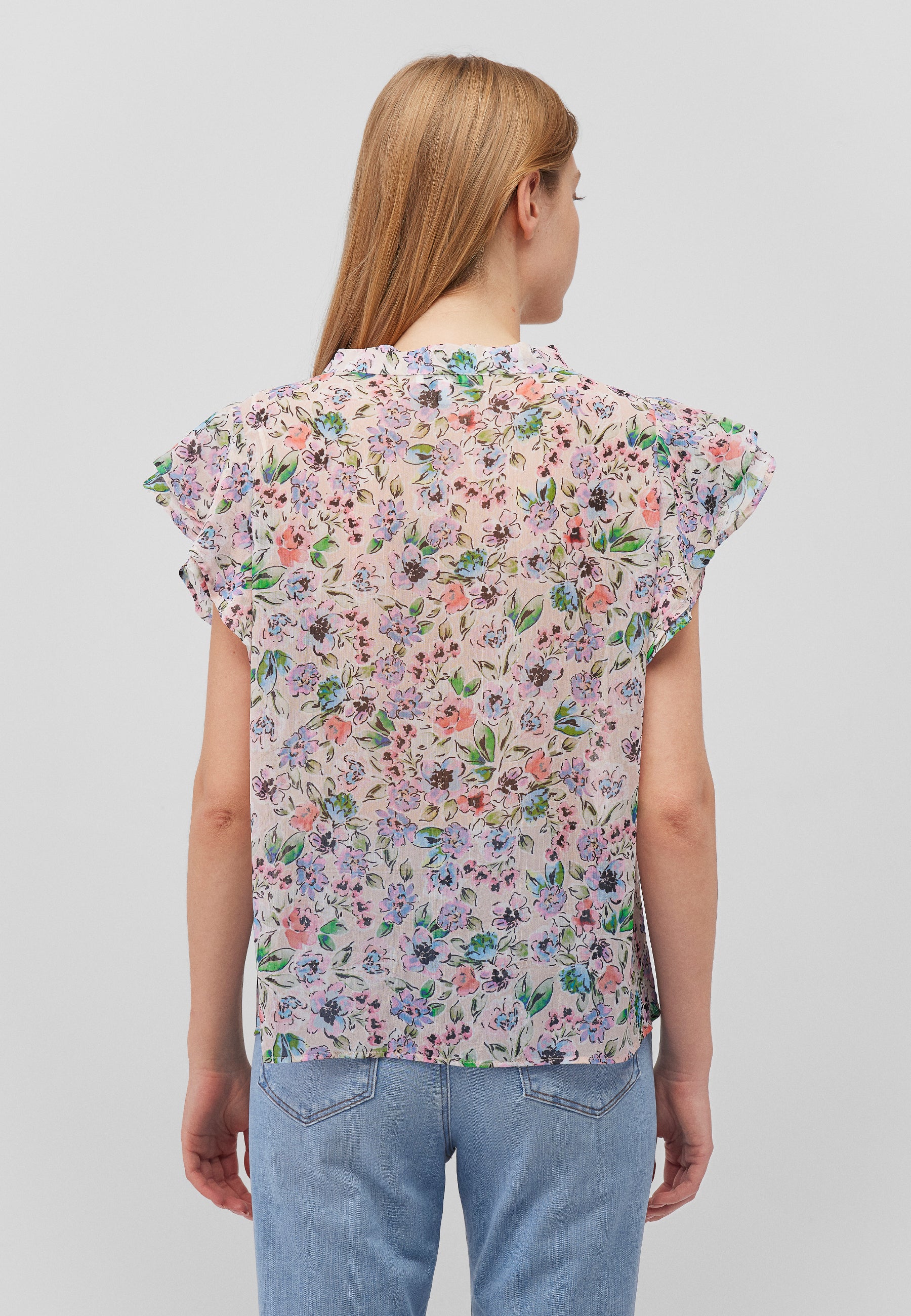 Short Sleeve Blouse in Watercolor Print Hemden Mavi   