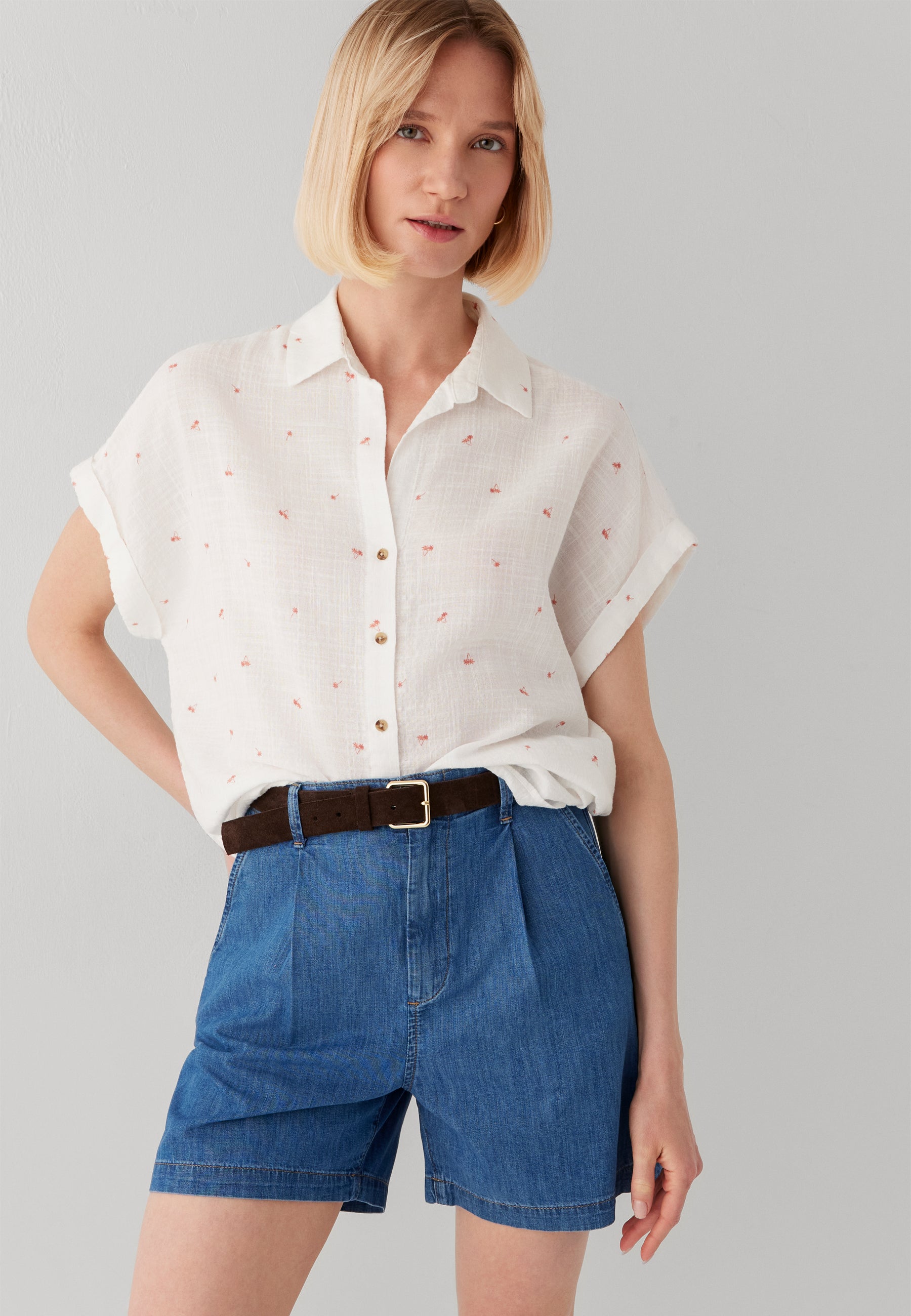 Short Sleeve Woven Shirt in Orange Palm Print Hemden Mavi
