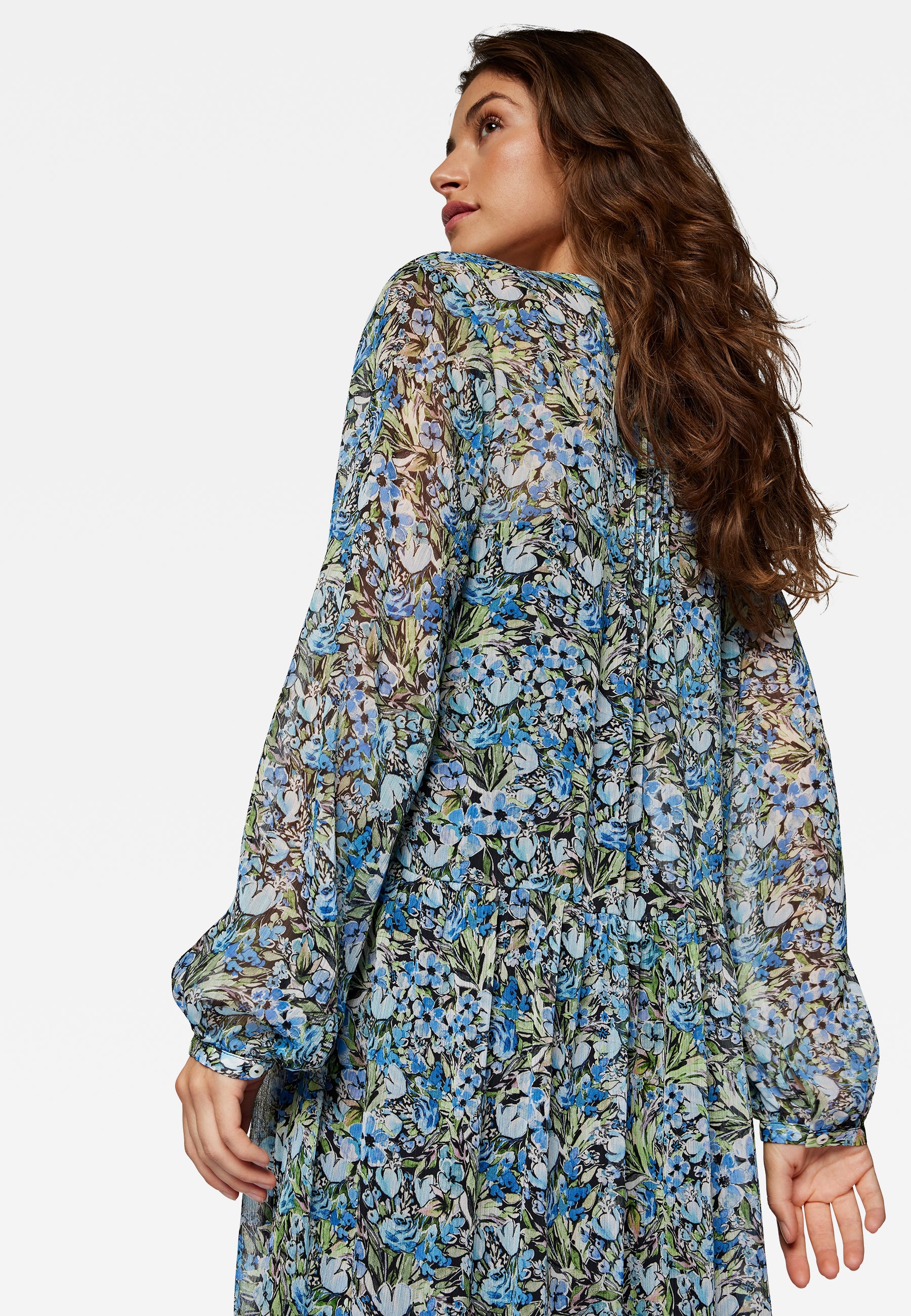 Long Sleeve Woven Dress in Blue Garden Print Kleider Mavi   