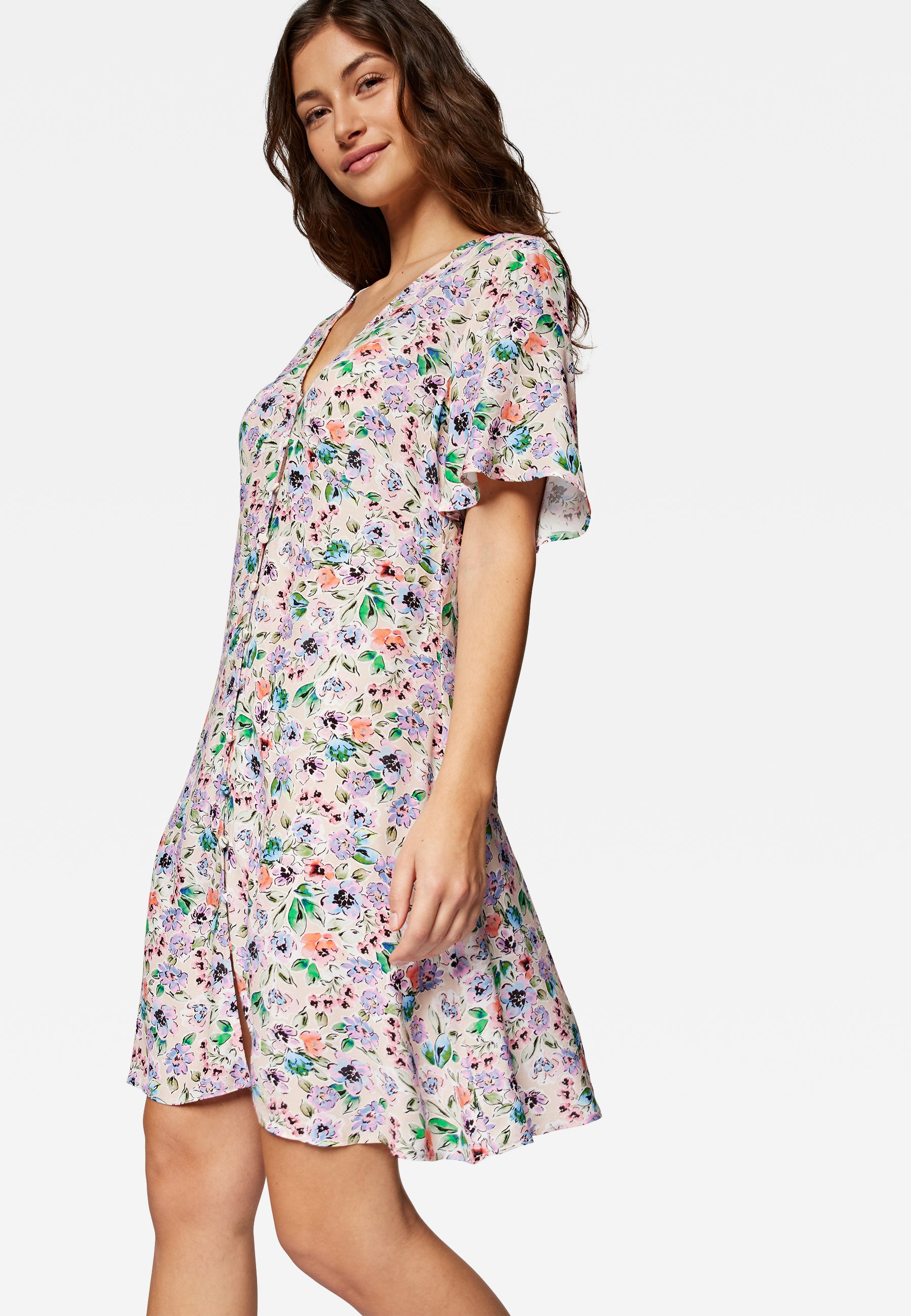 Short Sleeve Woven Dress in Watercolor Print Kleider Mavi   