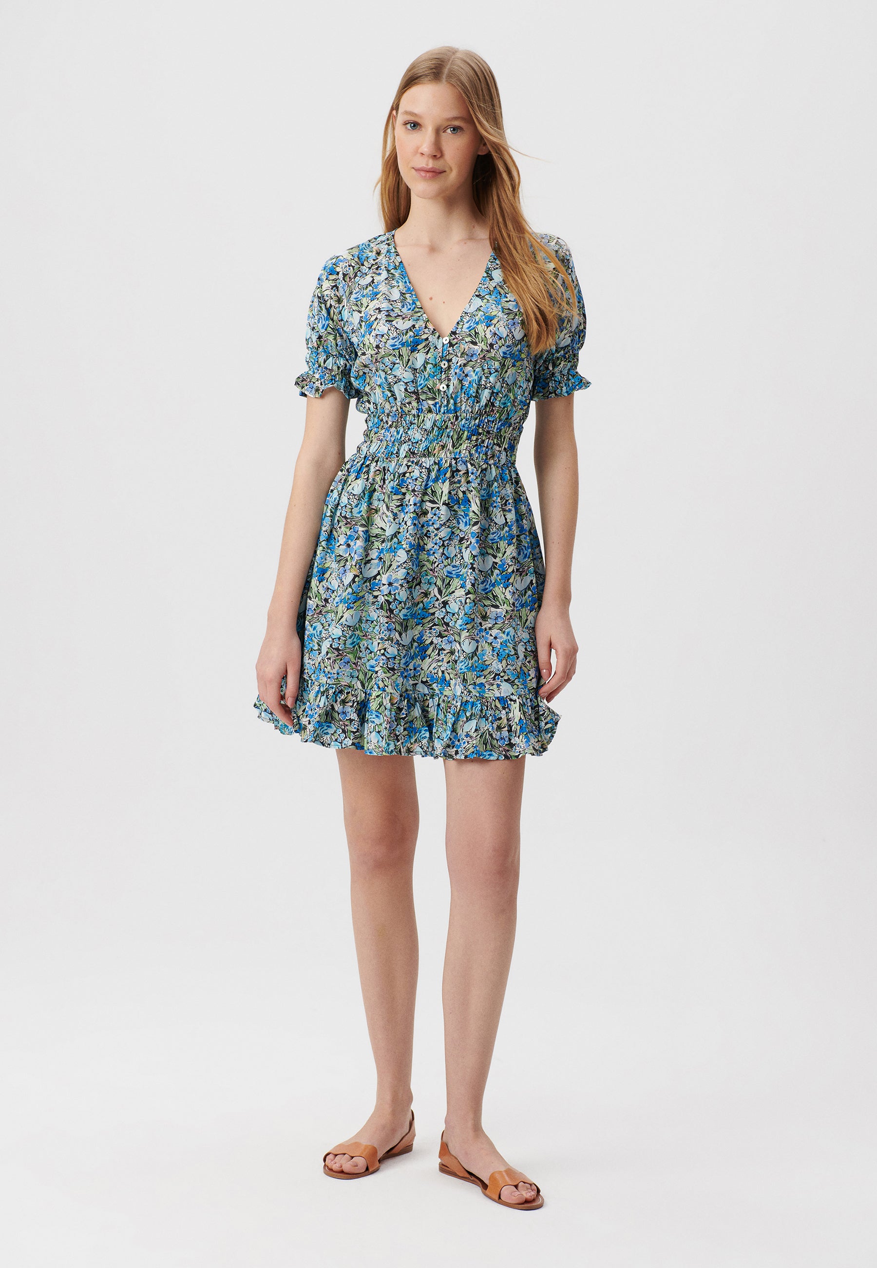 Short Sleeve Woven Dress in Blue Garden Print Kleider Mavi   