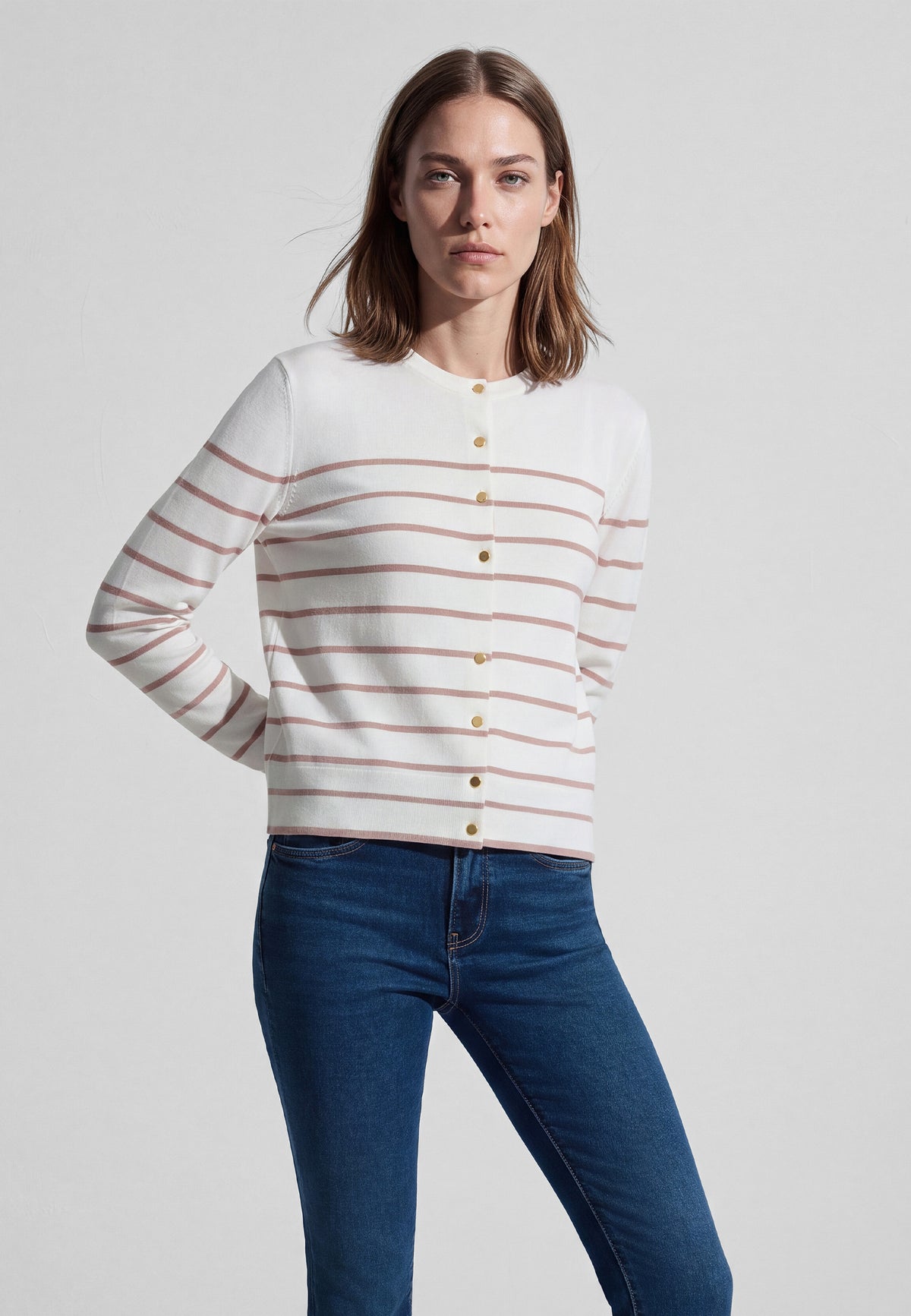Strickjacke Buttoned in Woodrose Stripe Pullover Mavi