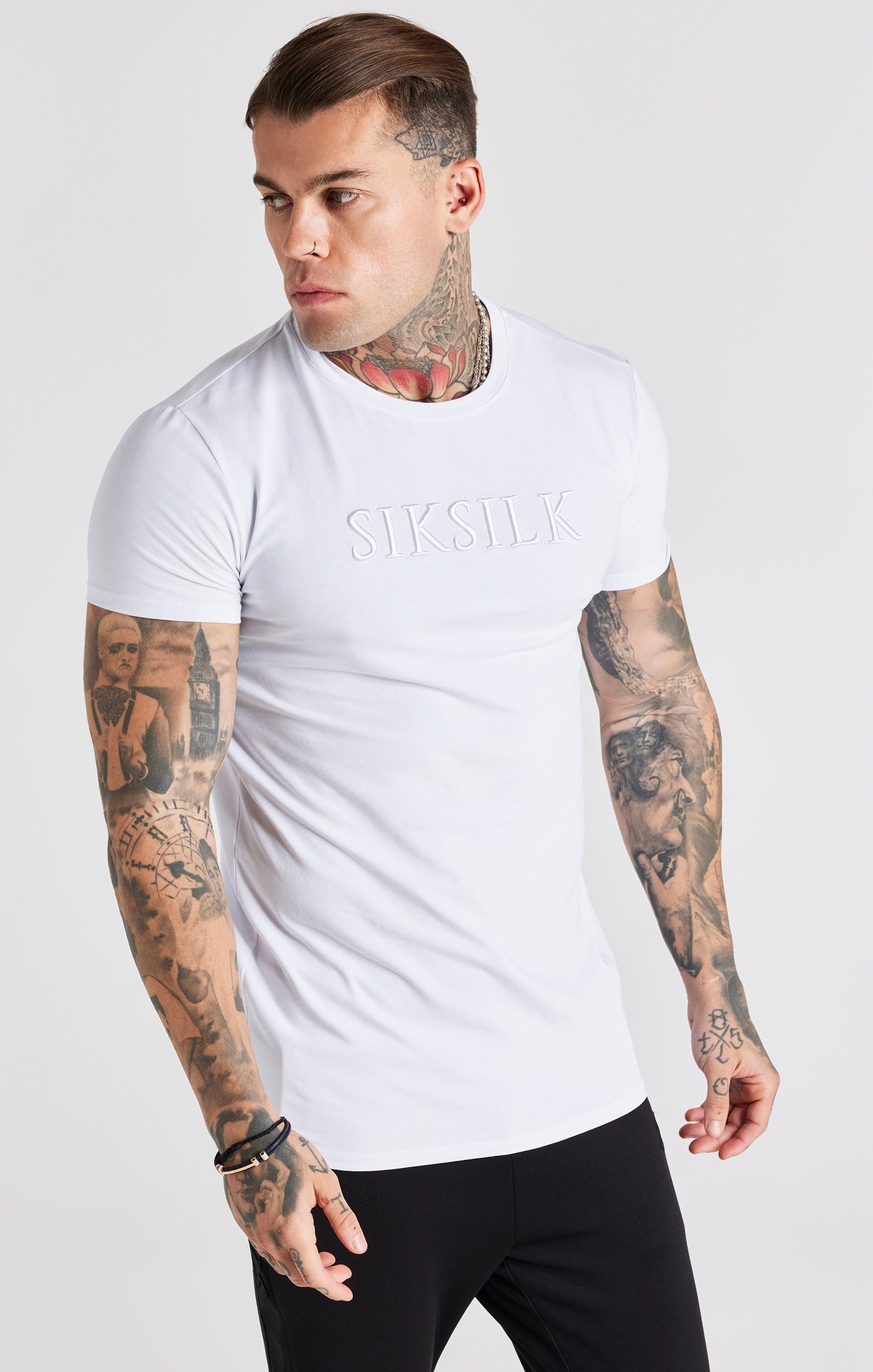 Embroidered Muscle Fit T-Shirt in White T-Shirts SikSilk   