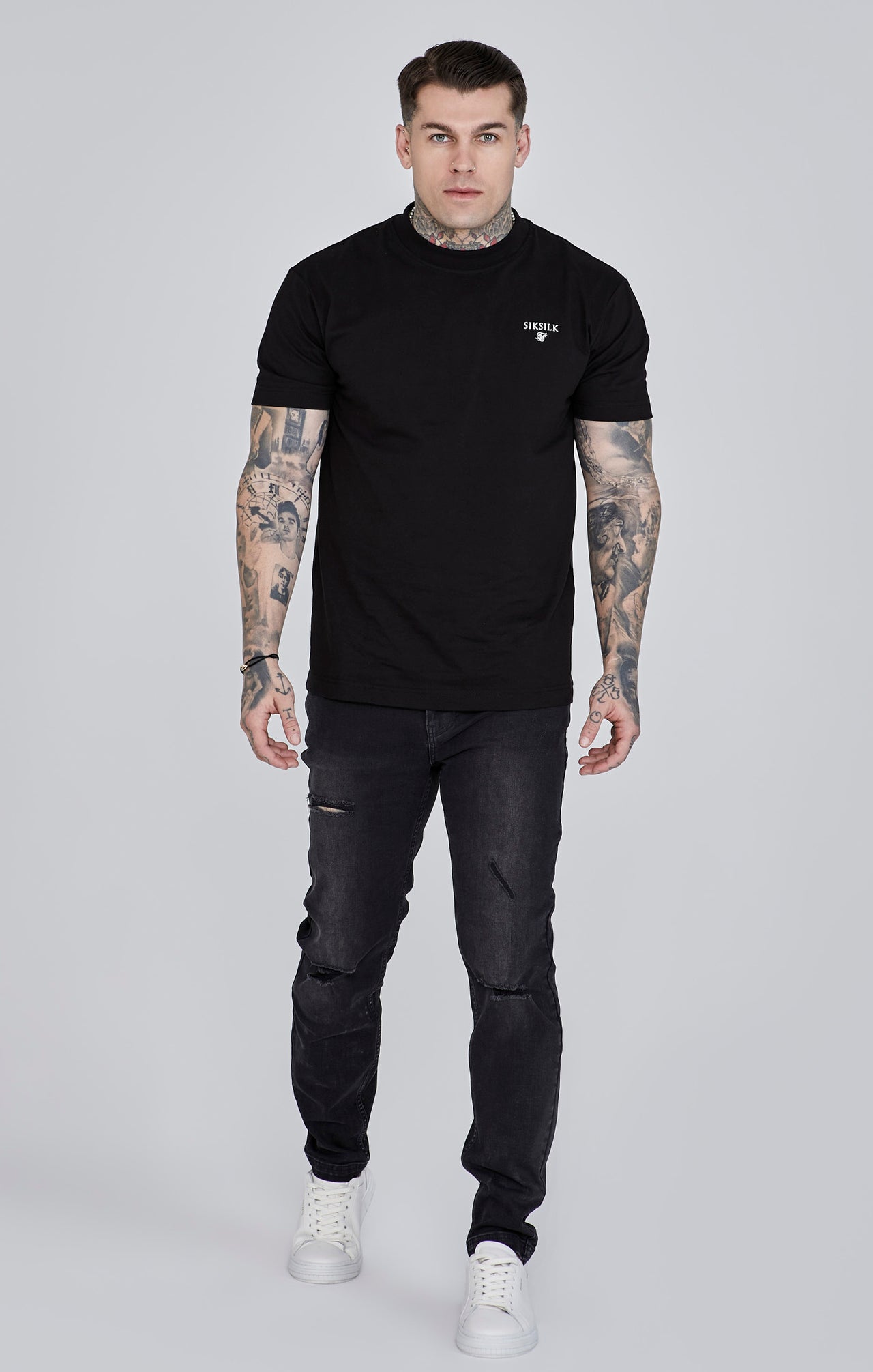 Distressed Slim Fit Jeans in Black Jeans SikSilk   