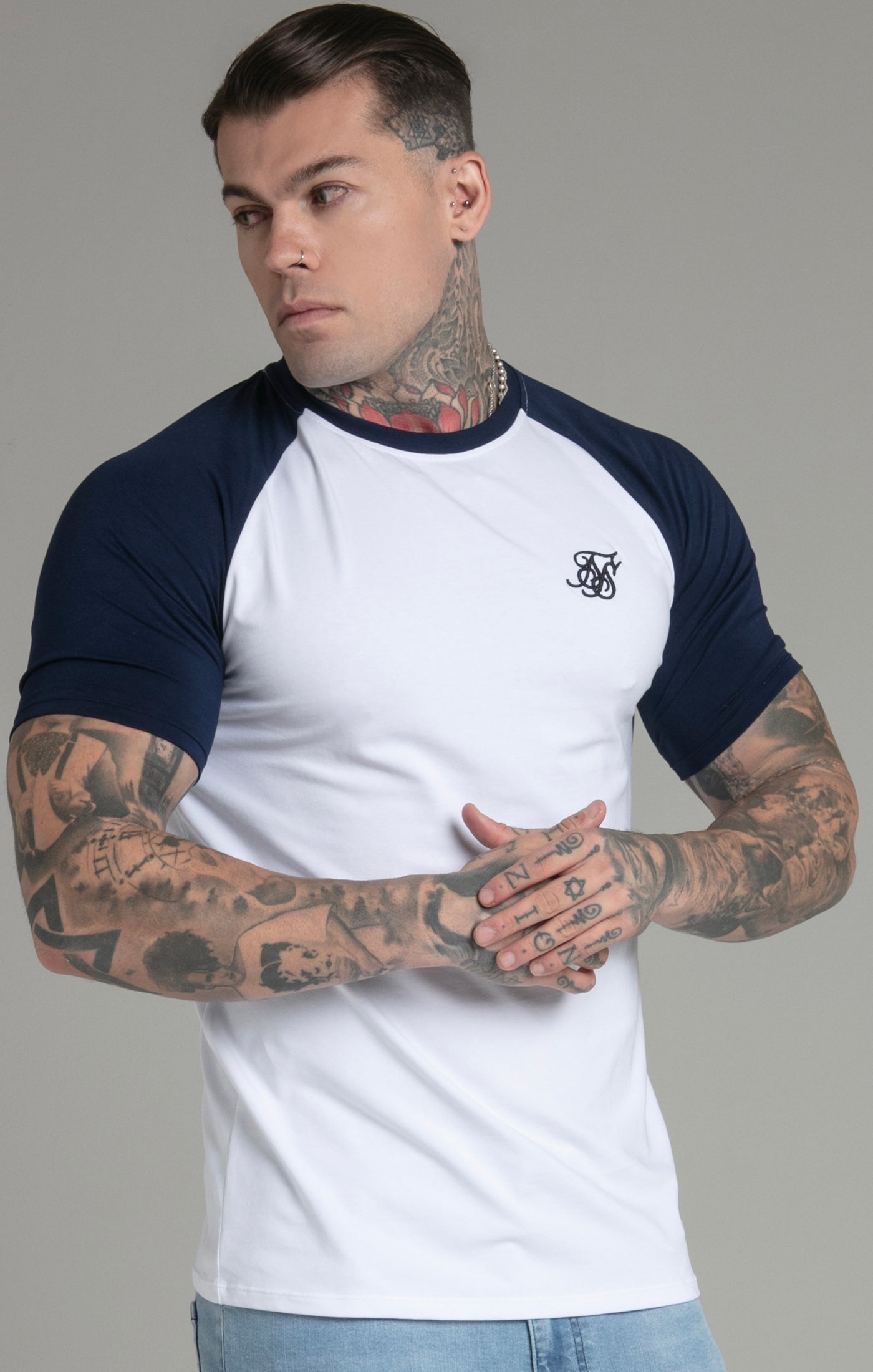 Raglan T-Shirt in White/Navy T-Shirts SikSilk   