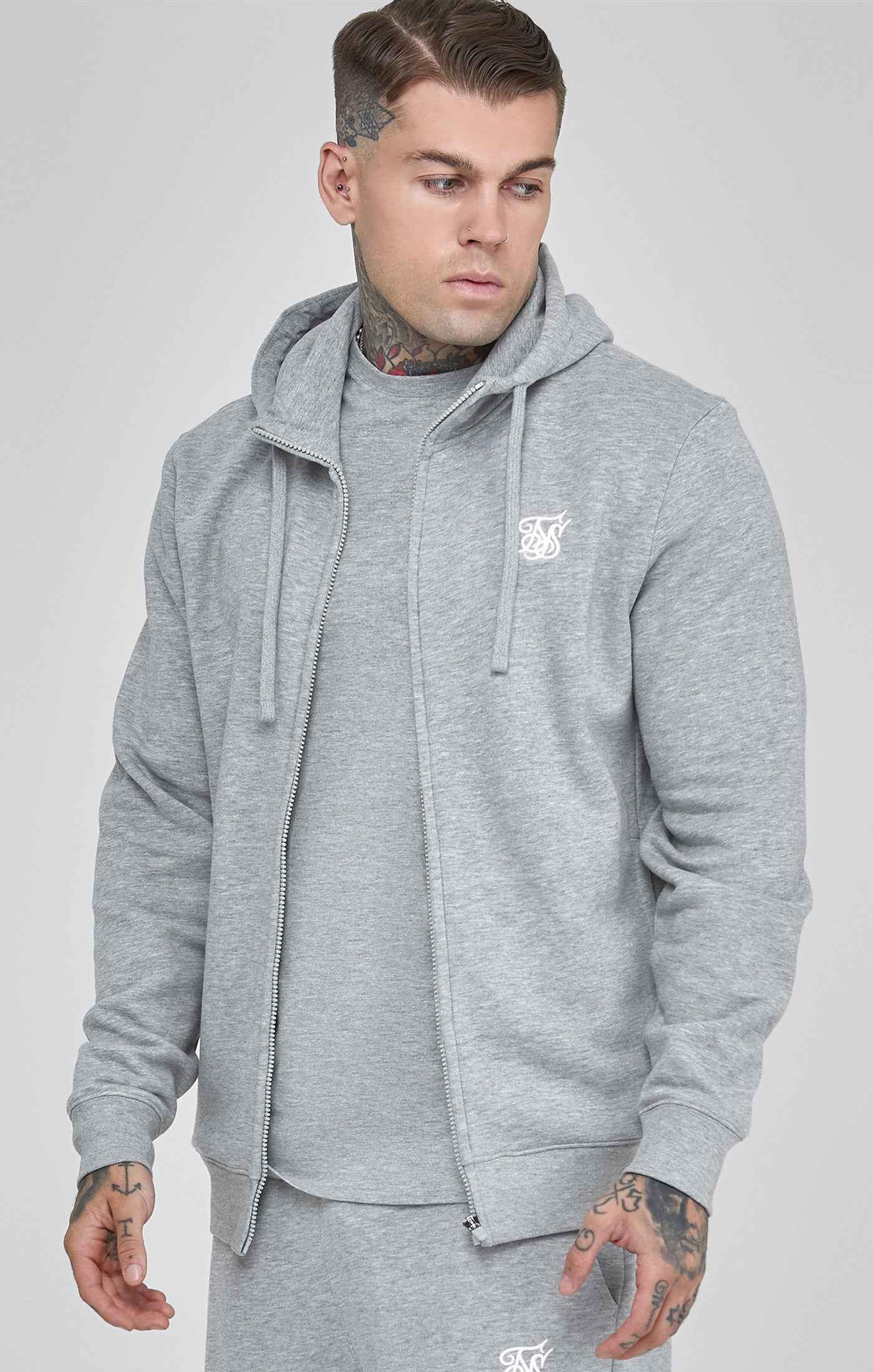 Essentials Full Zip Hoodie in Grey Marl Sweatjacken SikSilk   