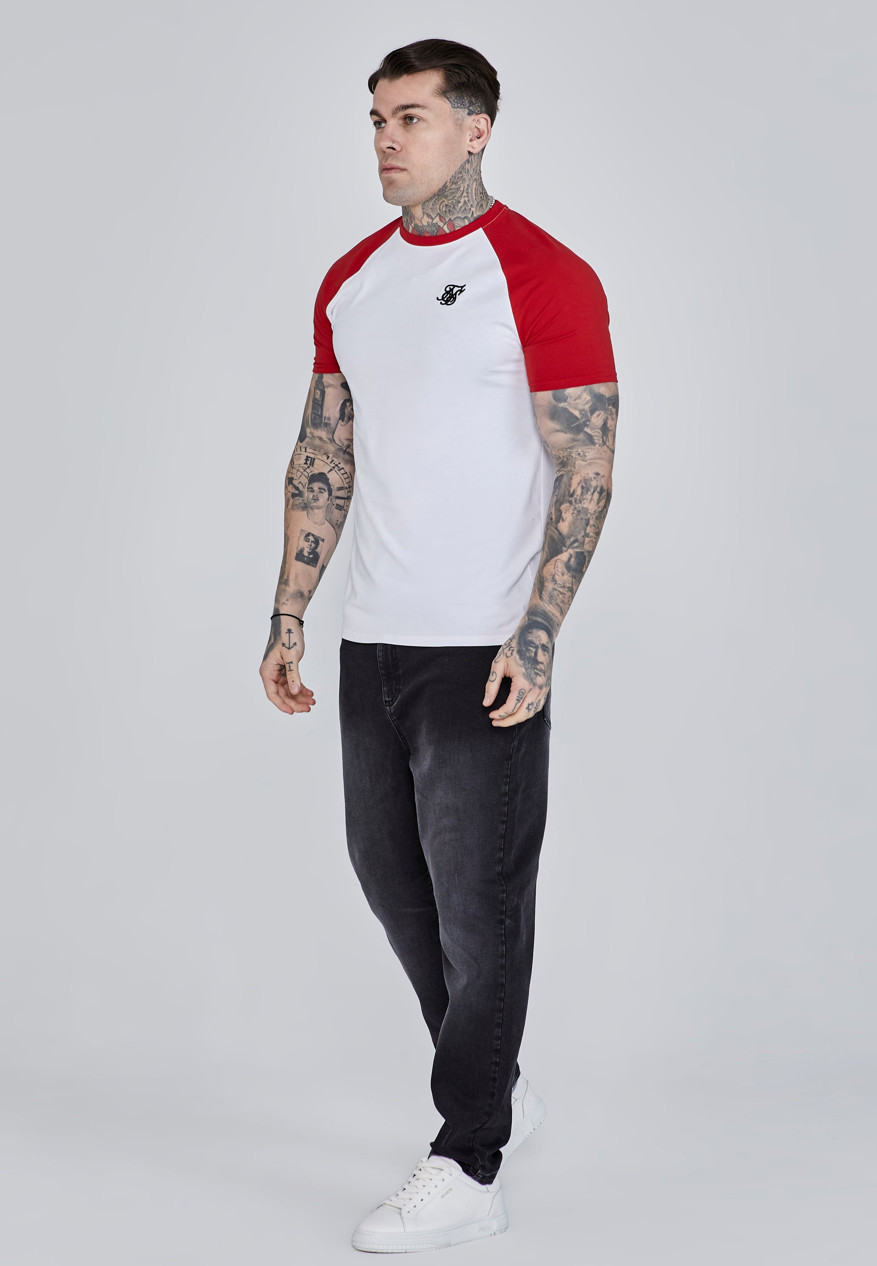 Raglan T-Shirt in White, Red T-Shirts SikSilk   