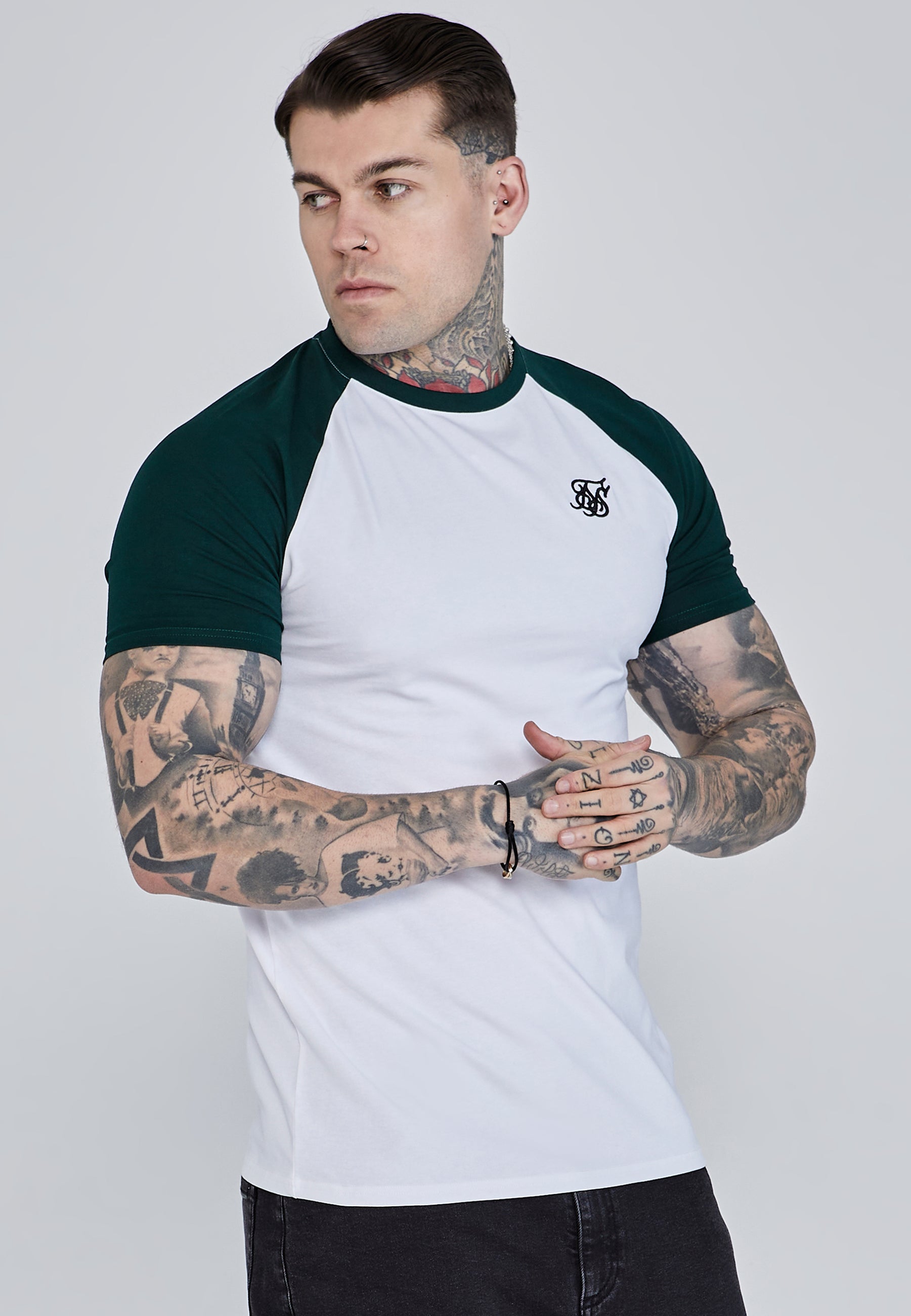 Raglan T-Shirt in White, Green T-Shirts SikSilk   