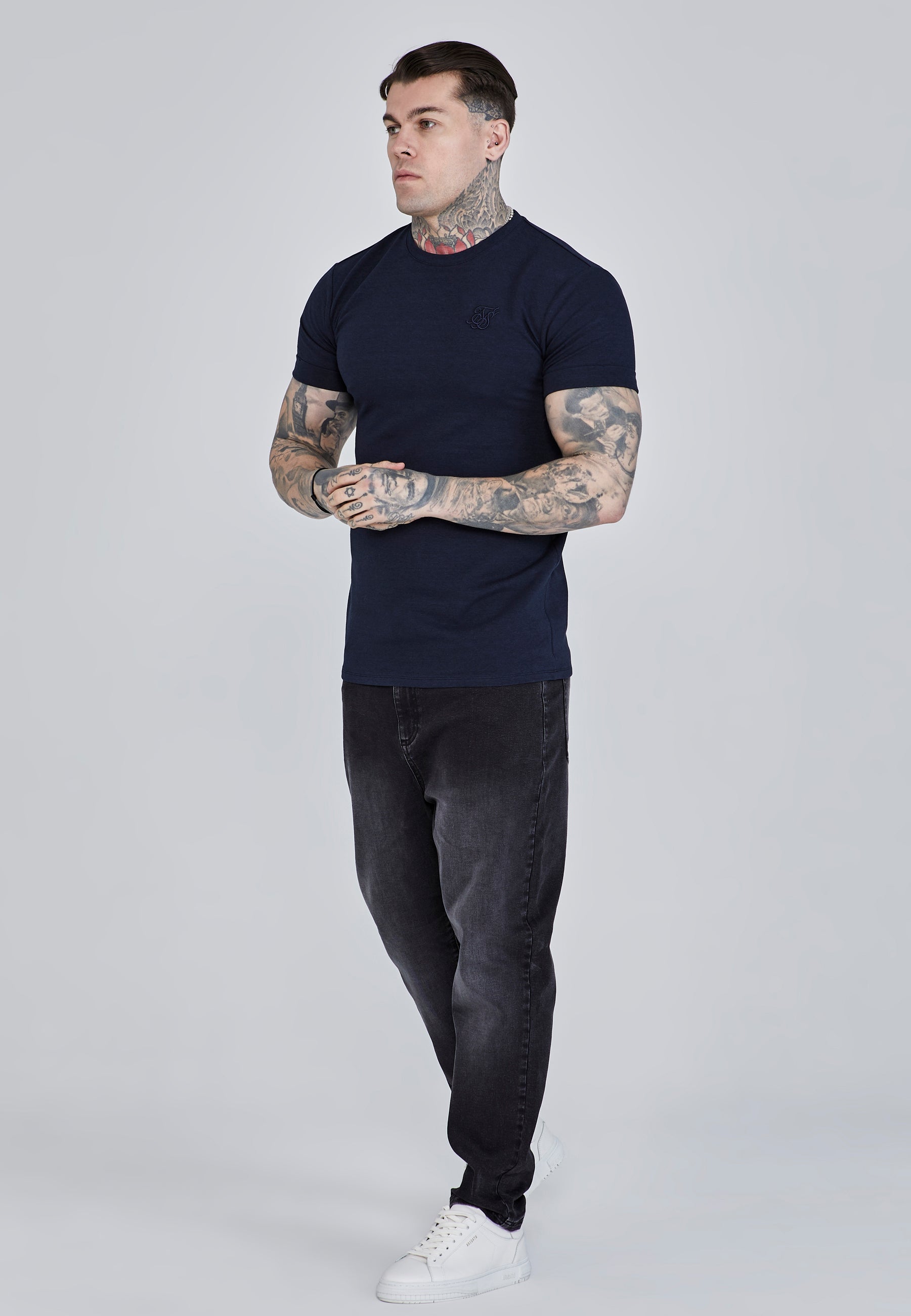 Roll Sleeve T-Shirt in Navy T-Shirts SikSilk   