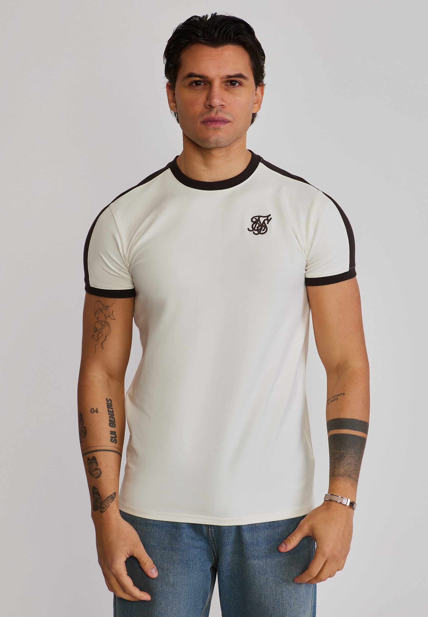 Stripe Ringer T-Shirt in Ecru-Brown T-Shirts SikSilk