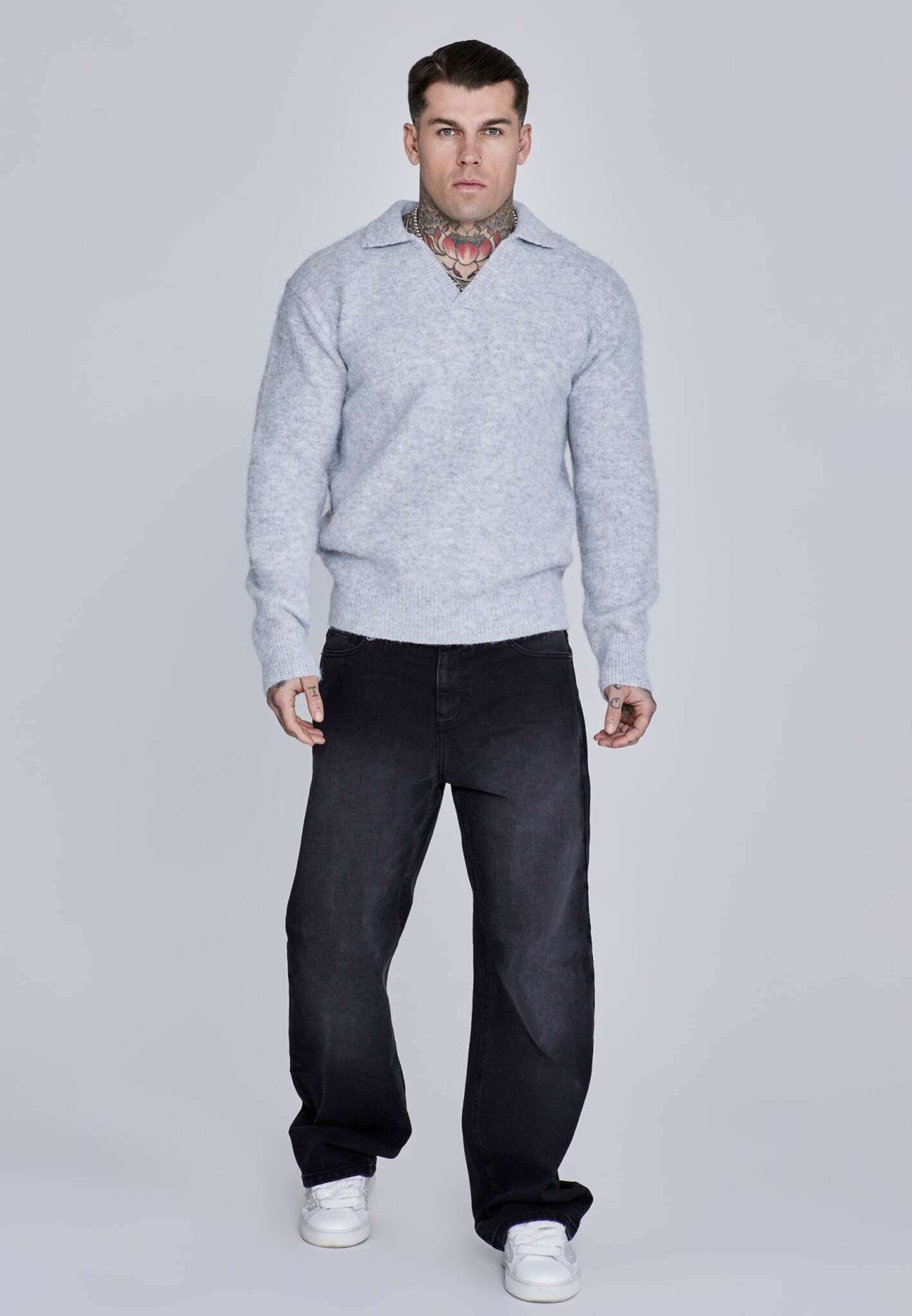 Knitted Polo Sweater in Grey Pullover SikSilk