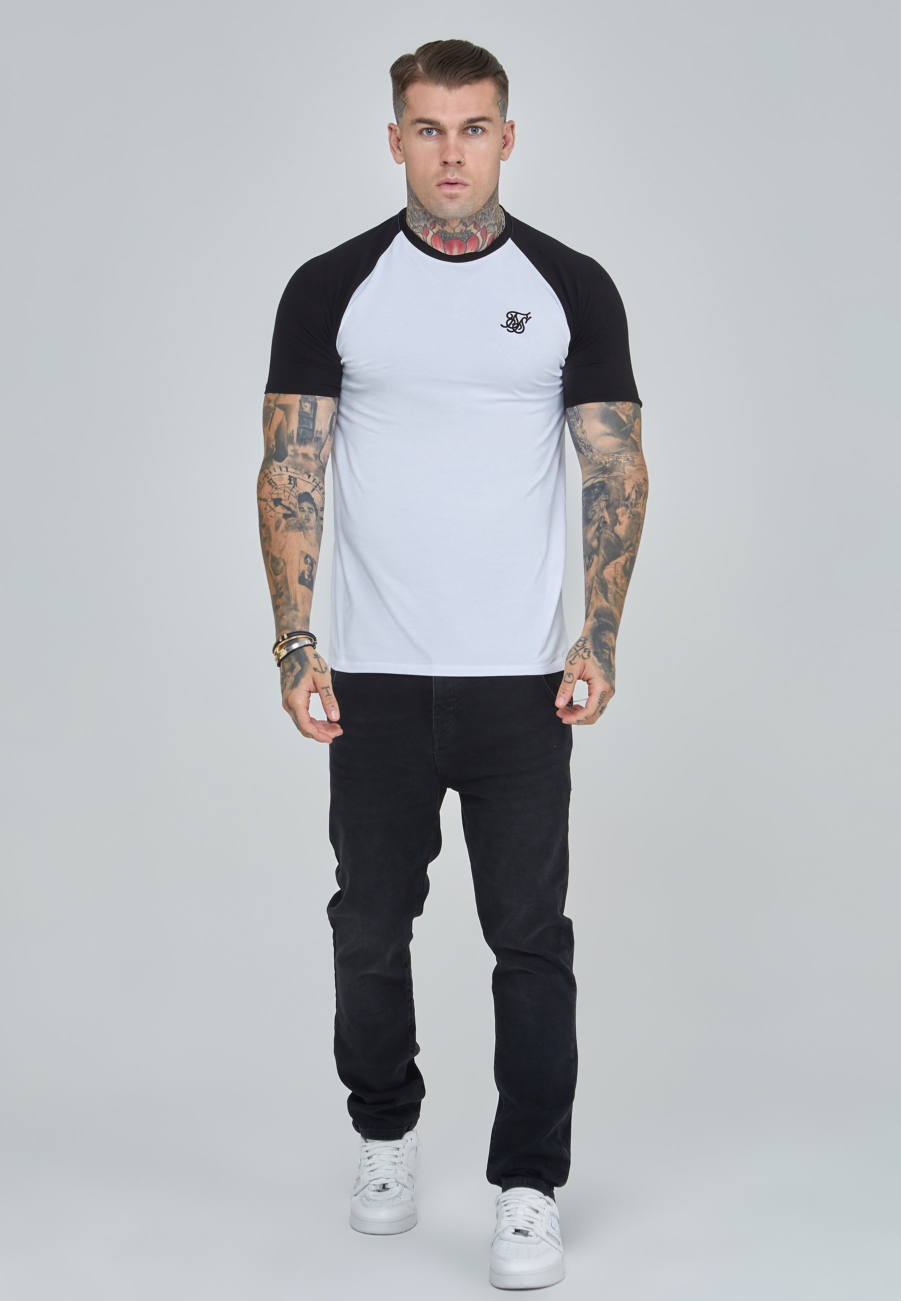 Raglan T-Shirt in White, Black T-Shirts SikSilk