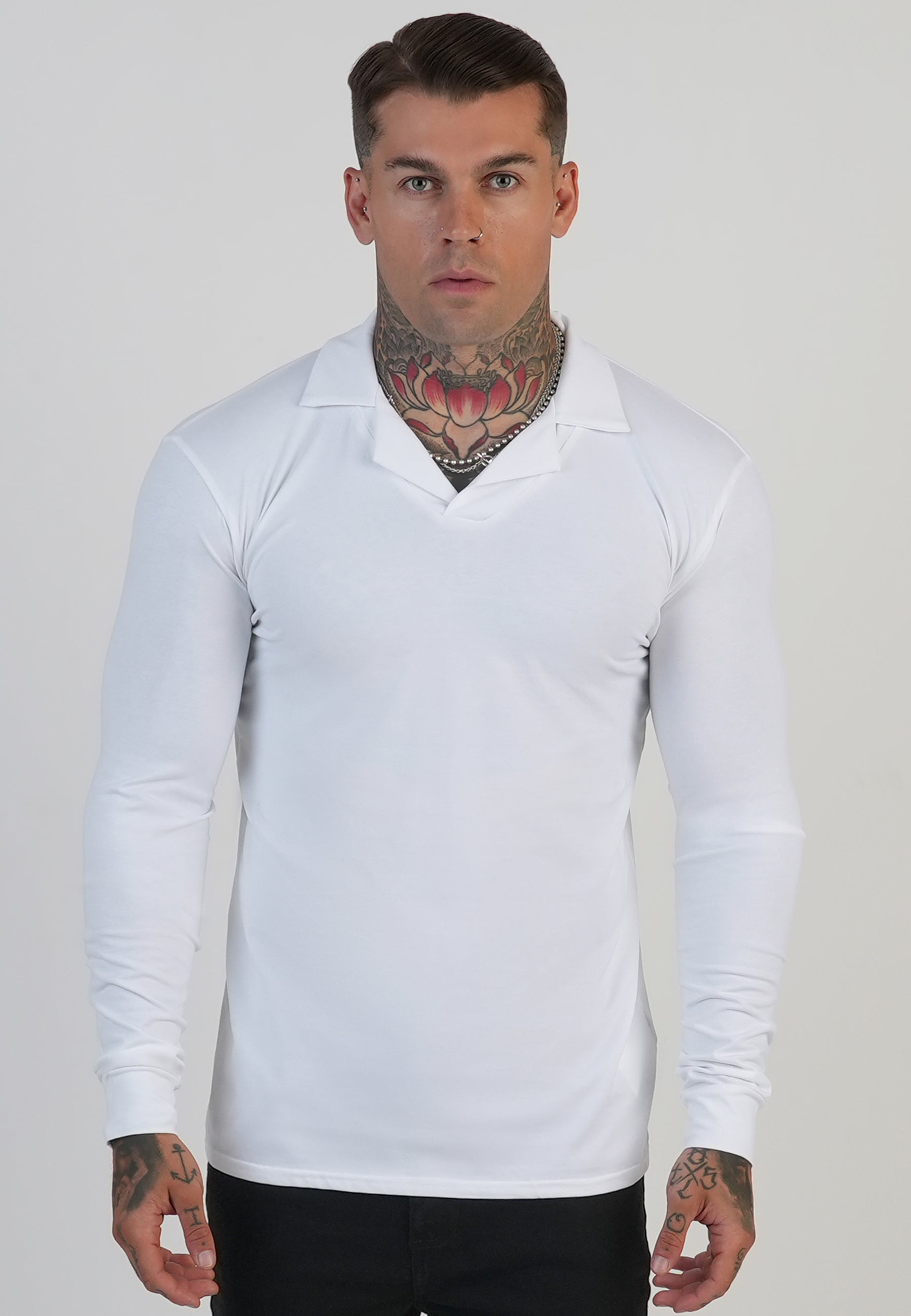 Long Sleeve Revere Polo in White T-Shirts SikSilk