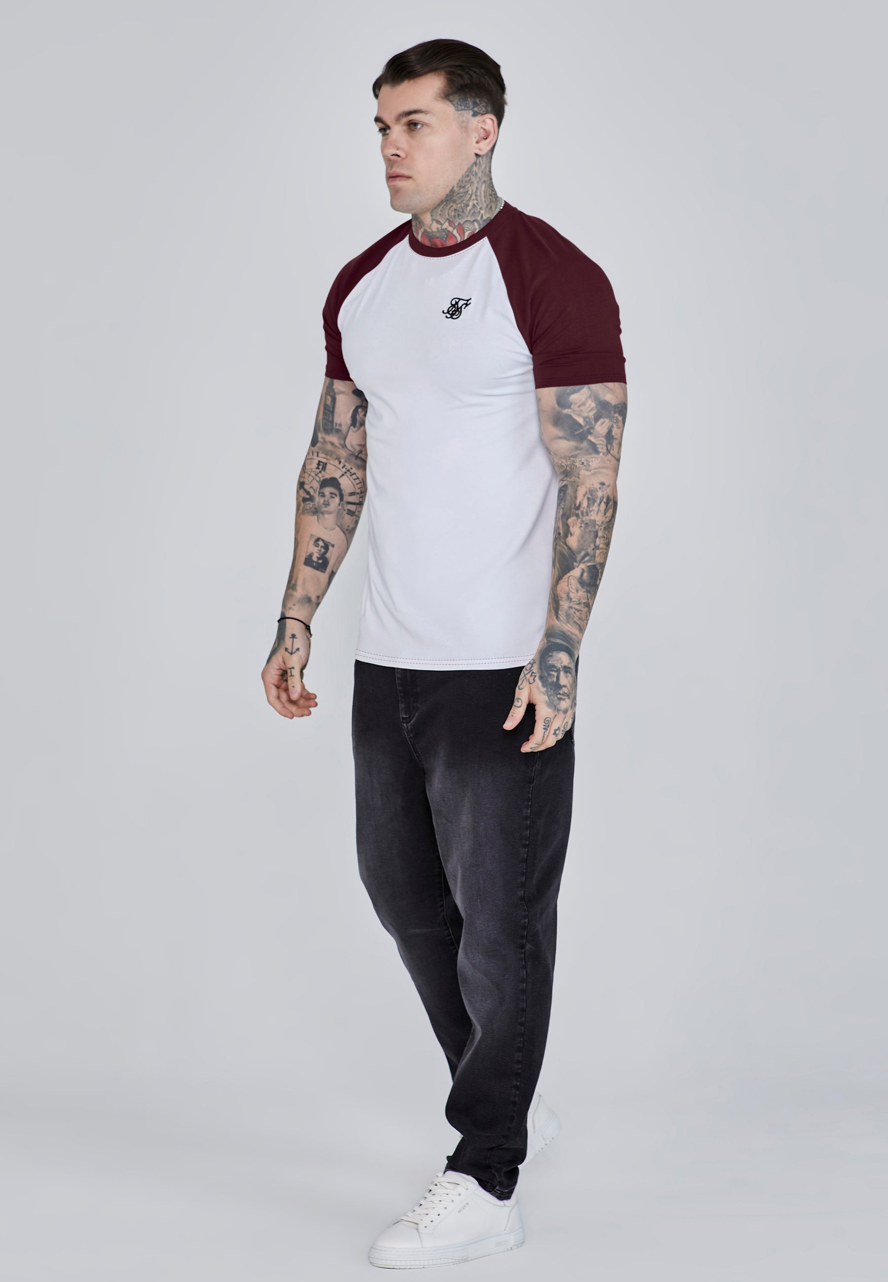 Raglan T-Shirt in White, Burgundy T-Shirts SikSilk