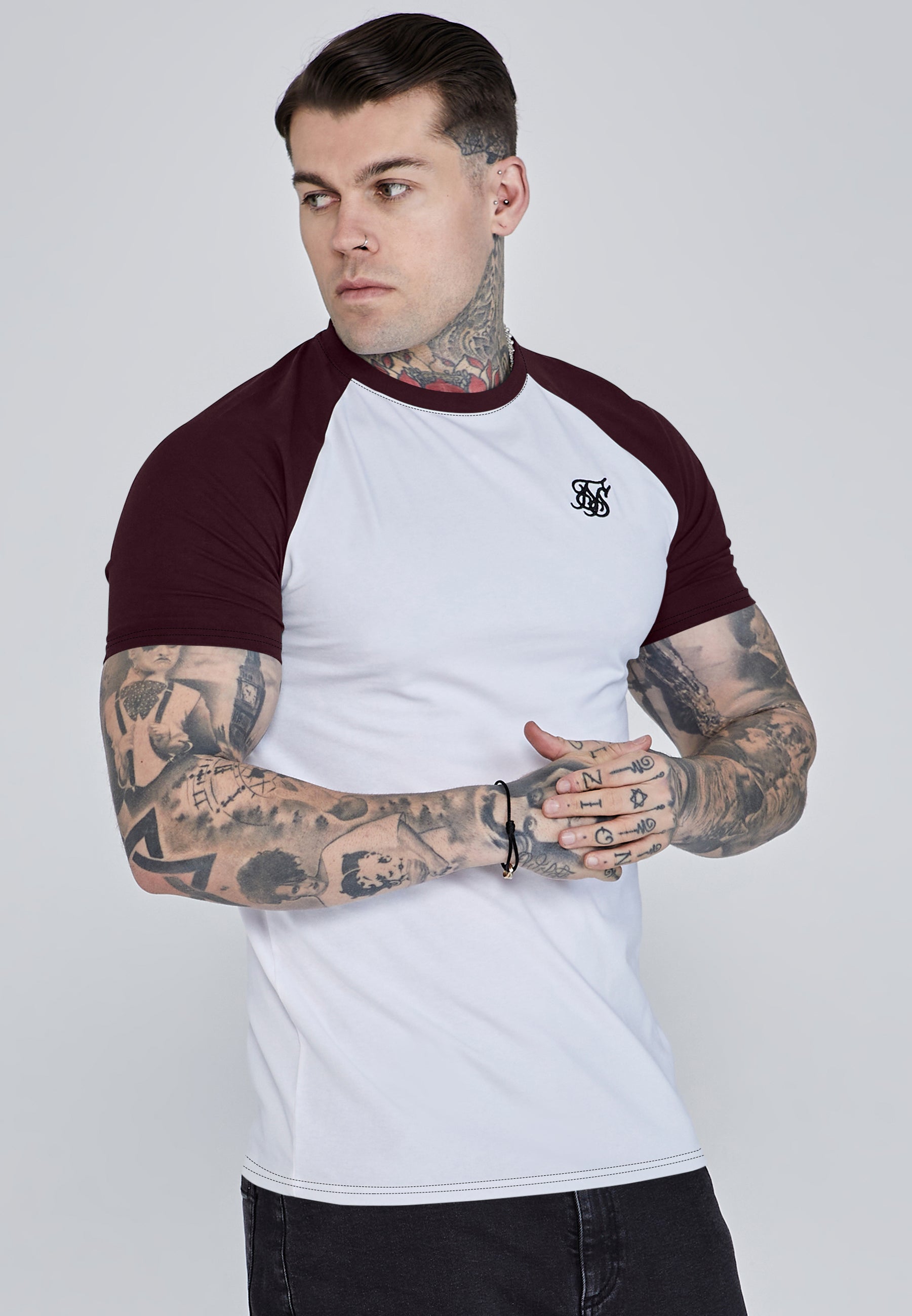 Raglan T-Shirt in White, Burgundy T-Shirts SikSilk