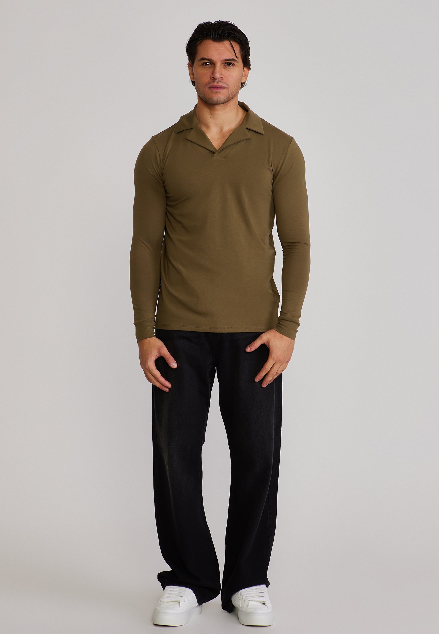 Longlseeved Revere Polo in Khaki Green T-Shirts SikSilk