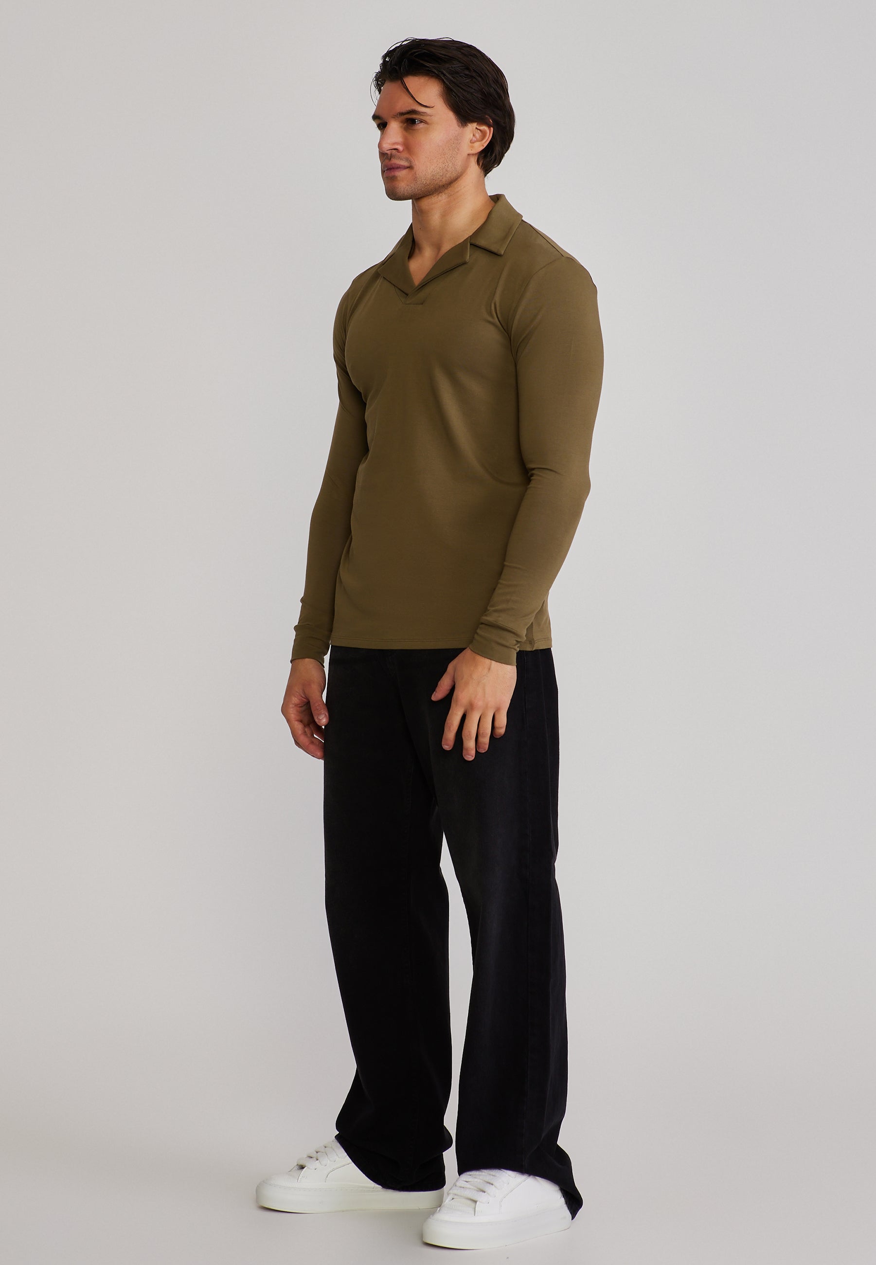 Longlseeved Revere Polo in Khaki Green T-Shirts SikSilk