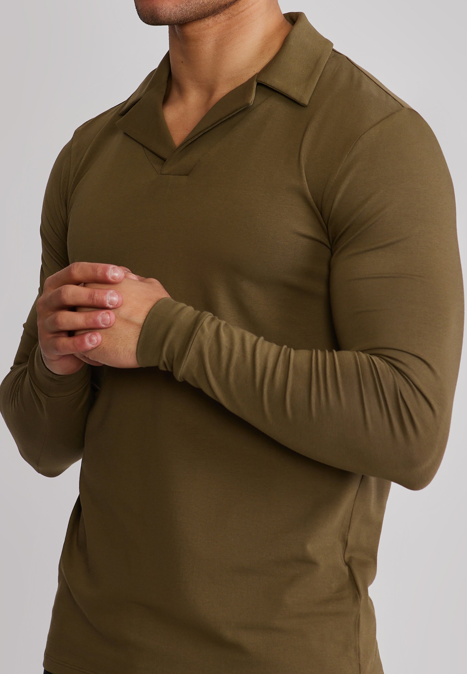 Longlseeved Revere Polo in Khaki Green T-Shirts SikSilk