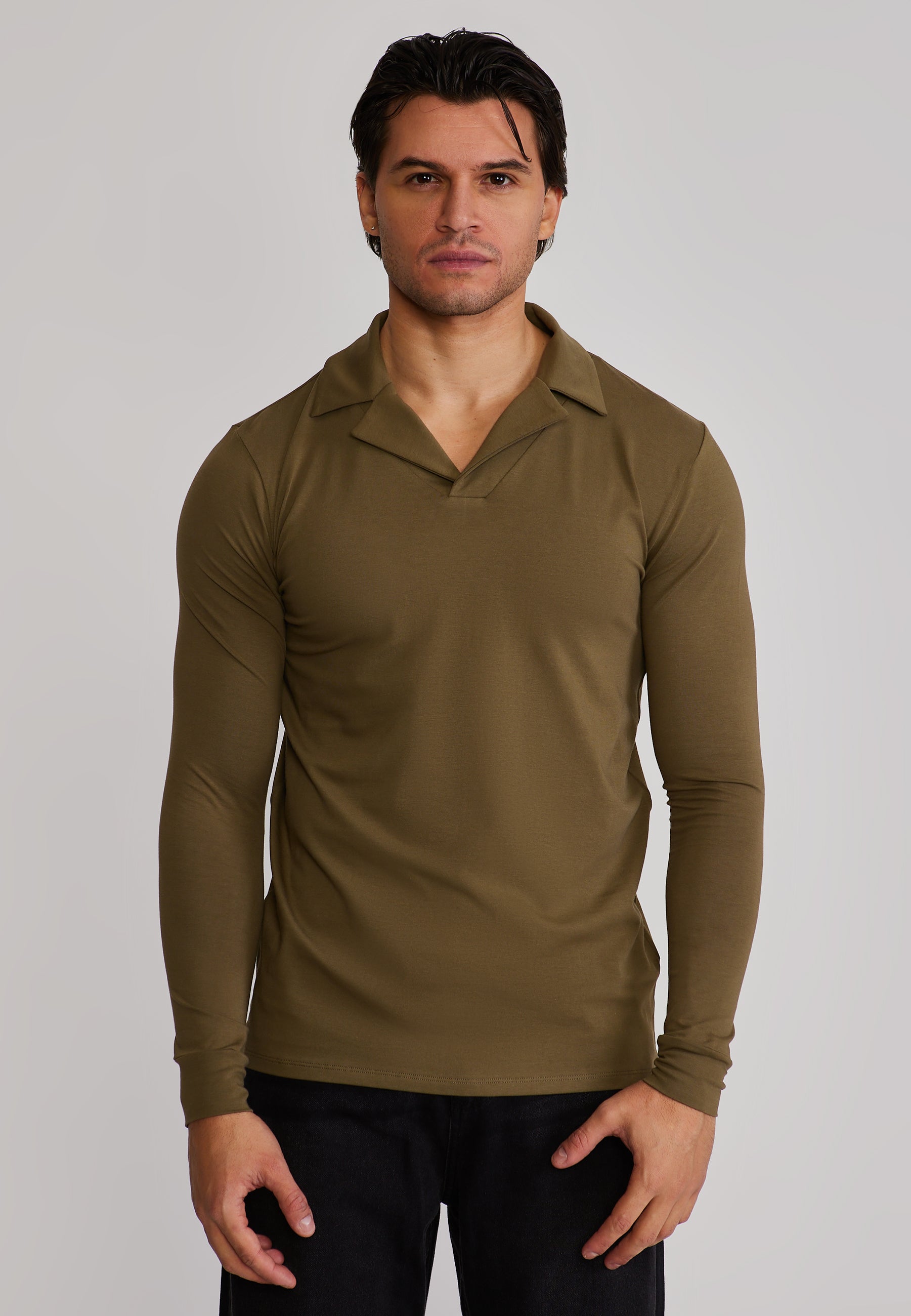 Longlseeved Revere Polo in Khaki Green T-Shirts SikSilk