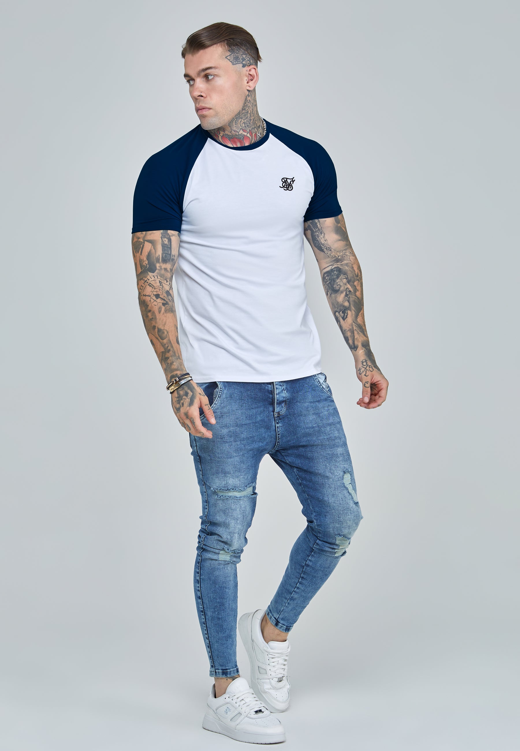 Raglan T-Shirt in White-Navy T-Shirts SikSilk