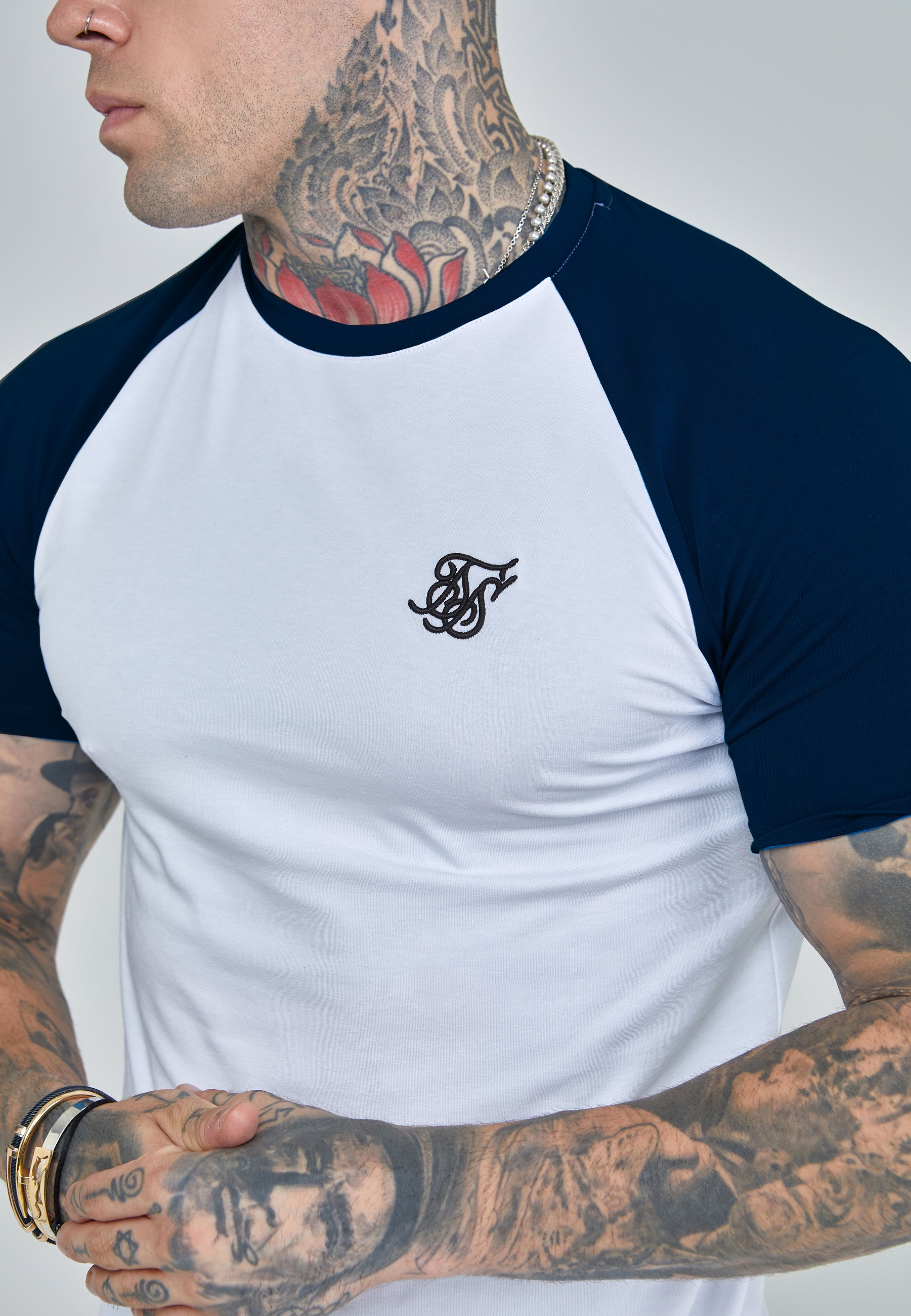 Raglan T-Shirt in White-Navy T-Shirts SikSilk