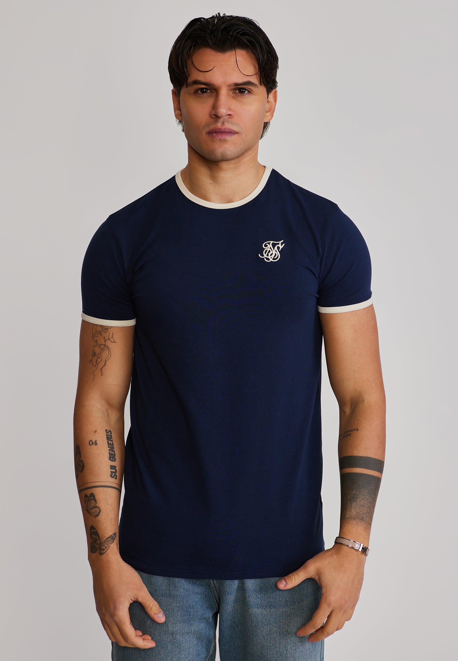 Ringer T-Shirt in Navy-Ecru T-Shirts SikSilk
