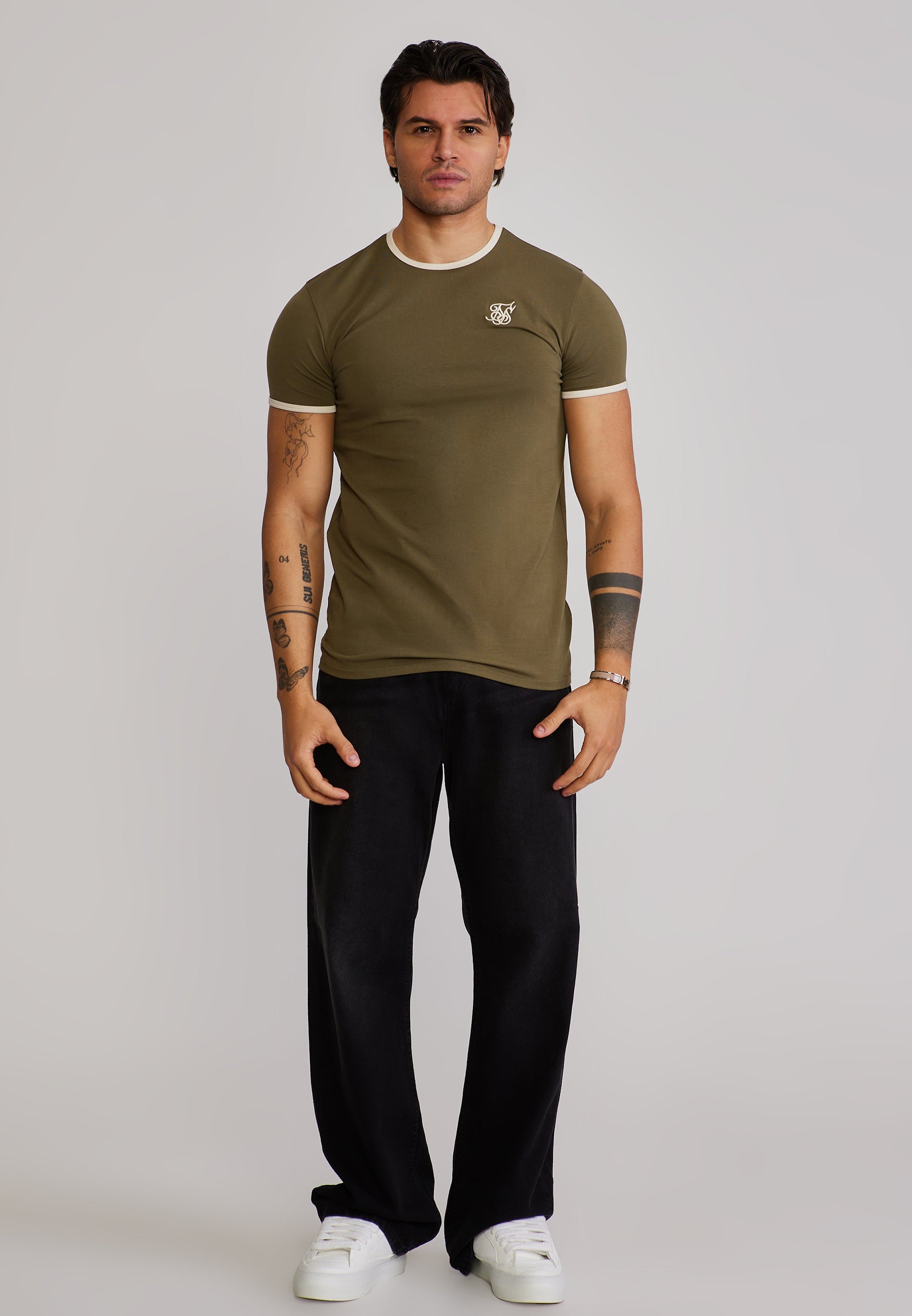 Ringer T-Shirt in Khaki Green-Ecru T-Shirts SikSilk