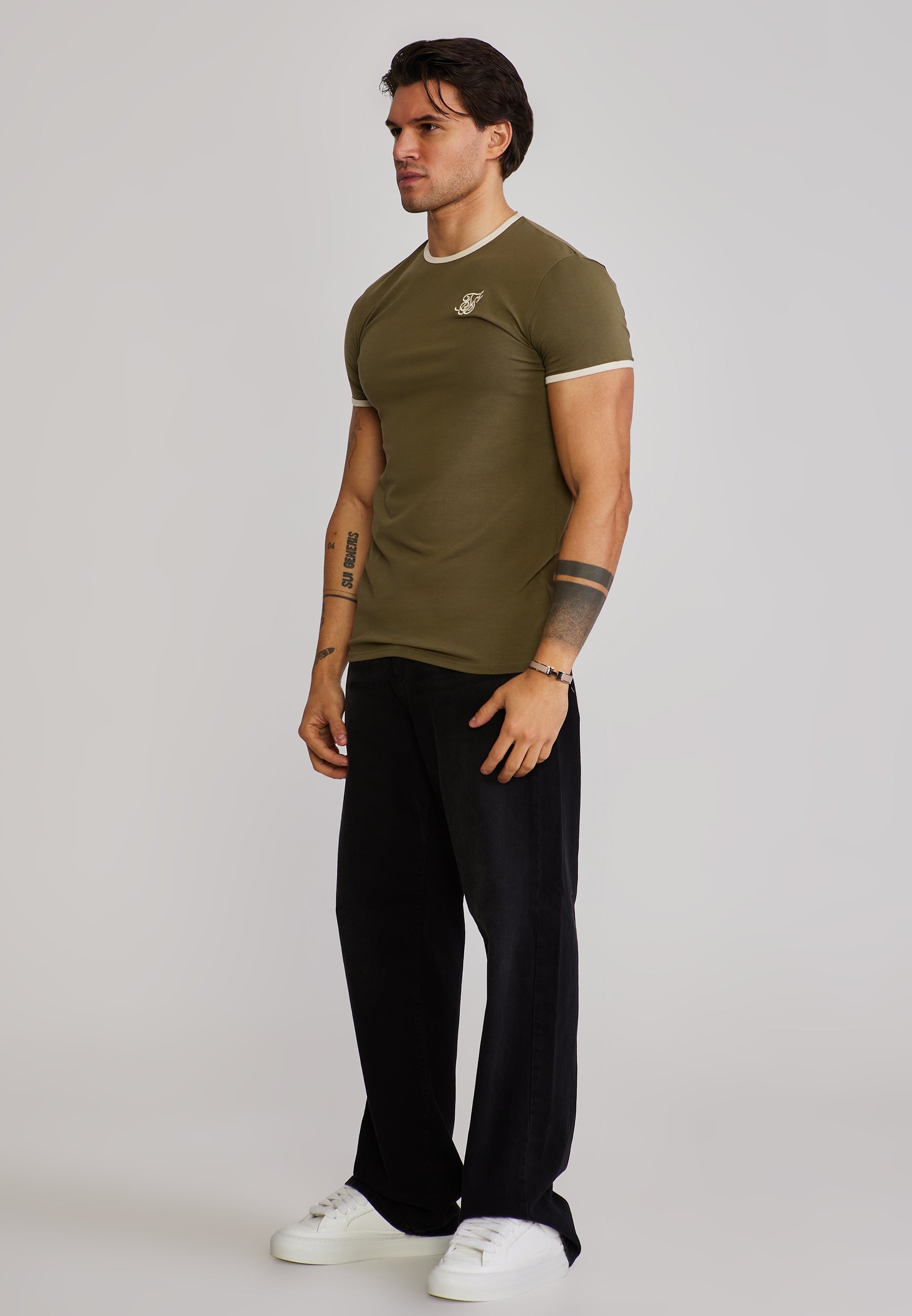 Ringer T-Shirt in Khaki Green-Ecru T-Shirts SikSilk