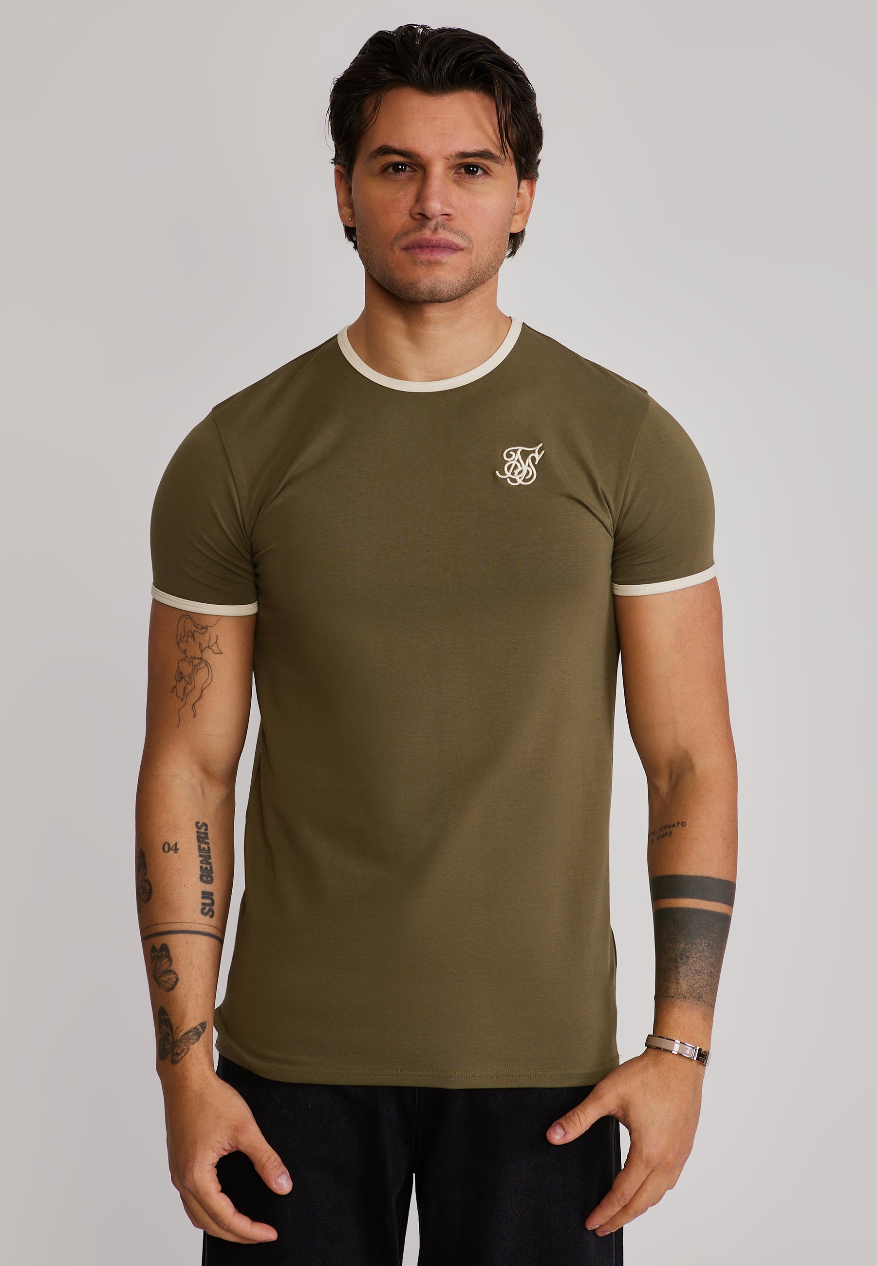 Ringer T-Shirt in Khaki Green-Ecru T-Shirts SikSilk