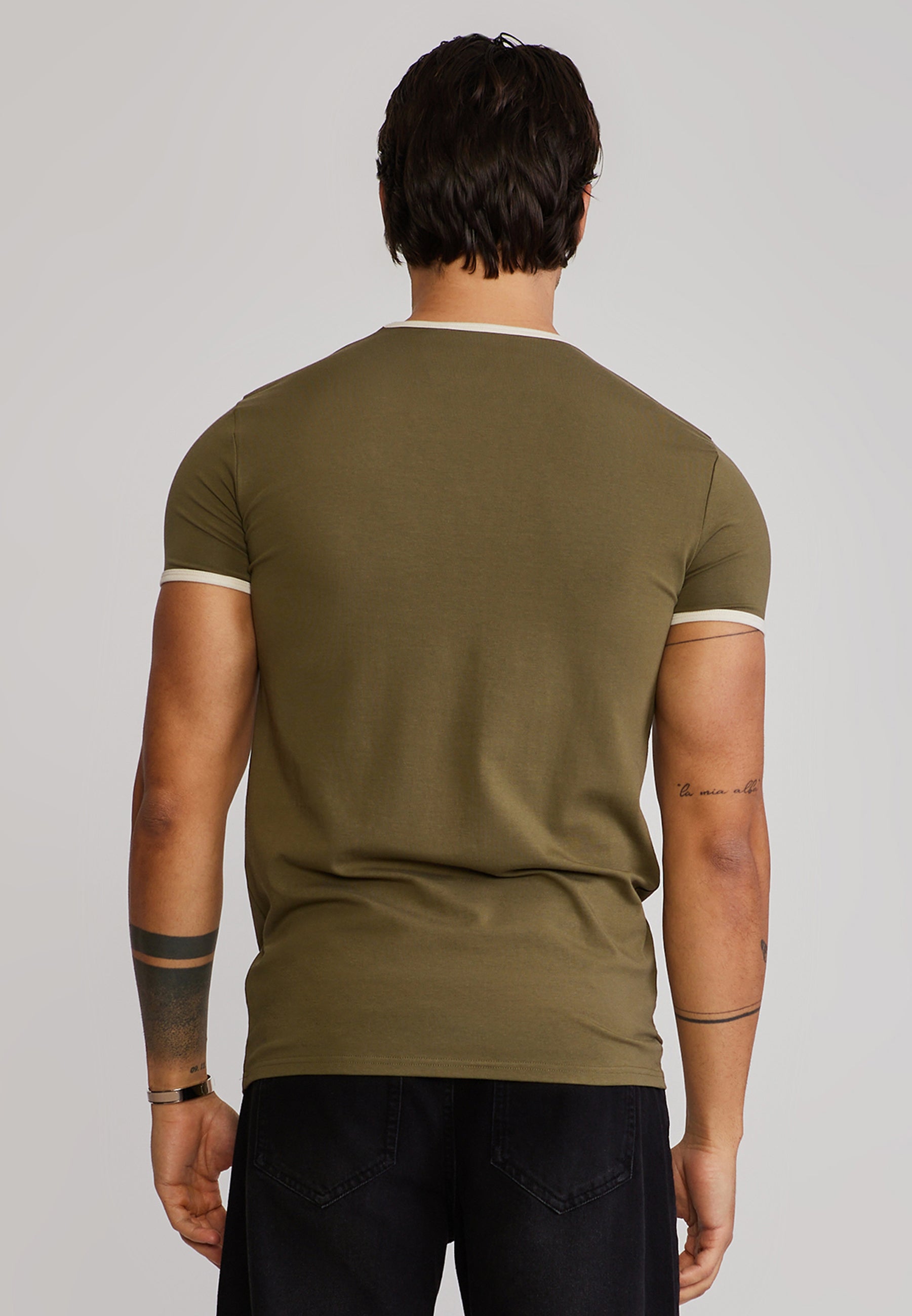 Ringer T-Shirt in Khaki Green-Ecru T-Shirts SikSilk