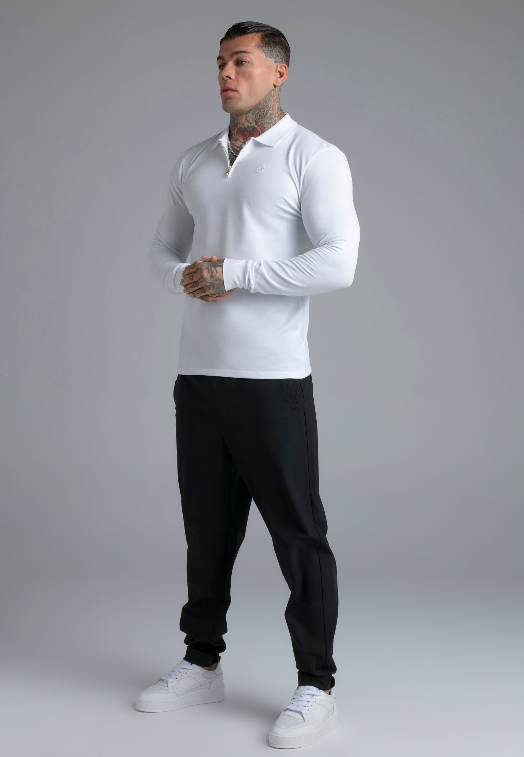 Longsleeved Zip Polo T-Shirt in White T-Shirts SikSilk