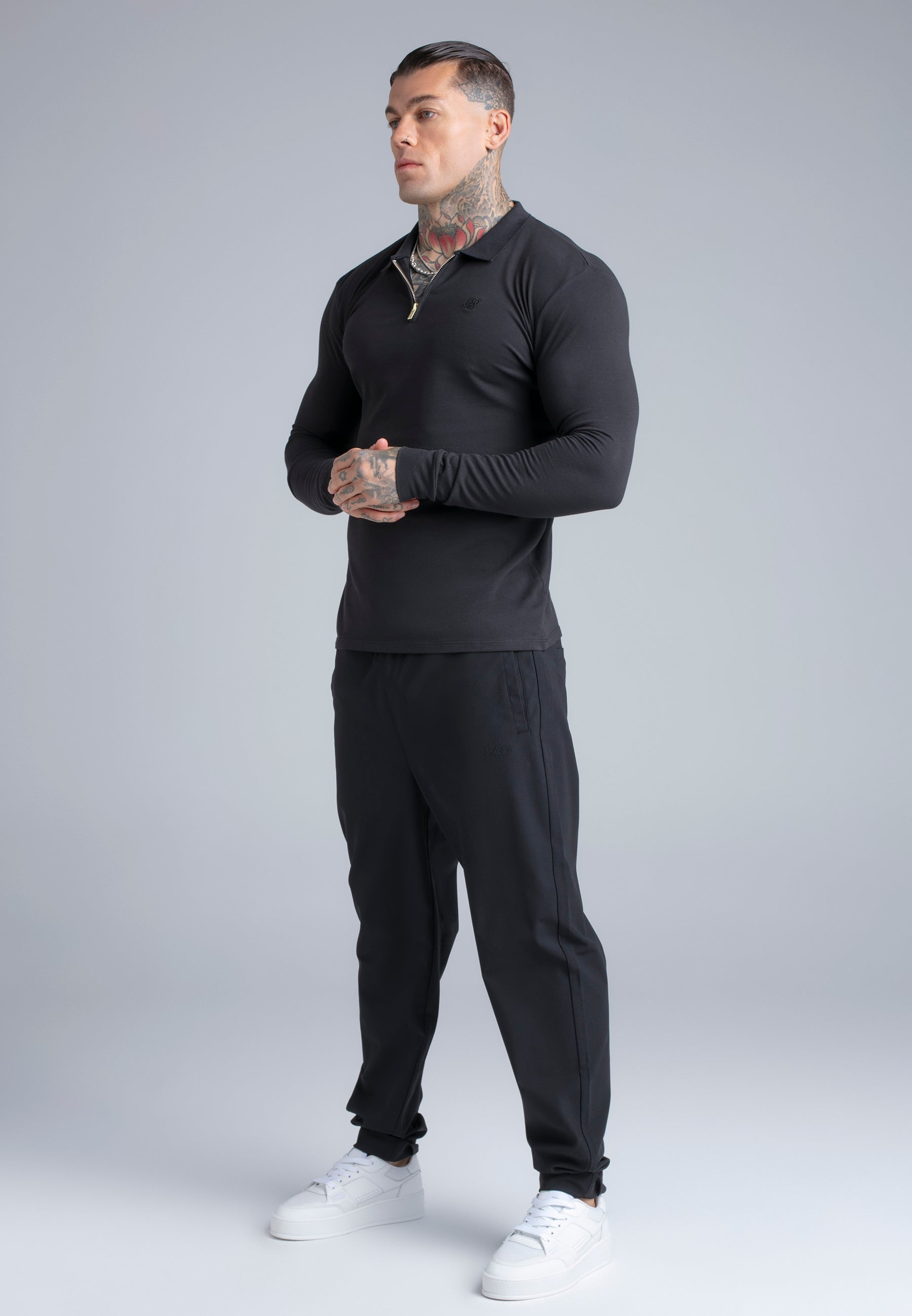 Longsleeved Zip Polo T-Shirt in Black T-Shirts SikSilk