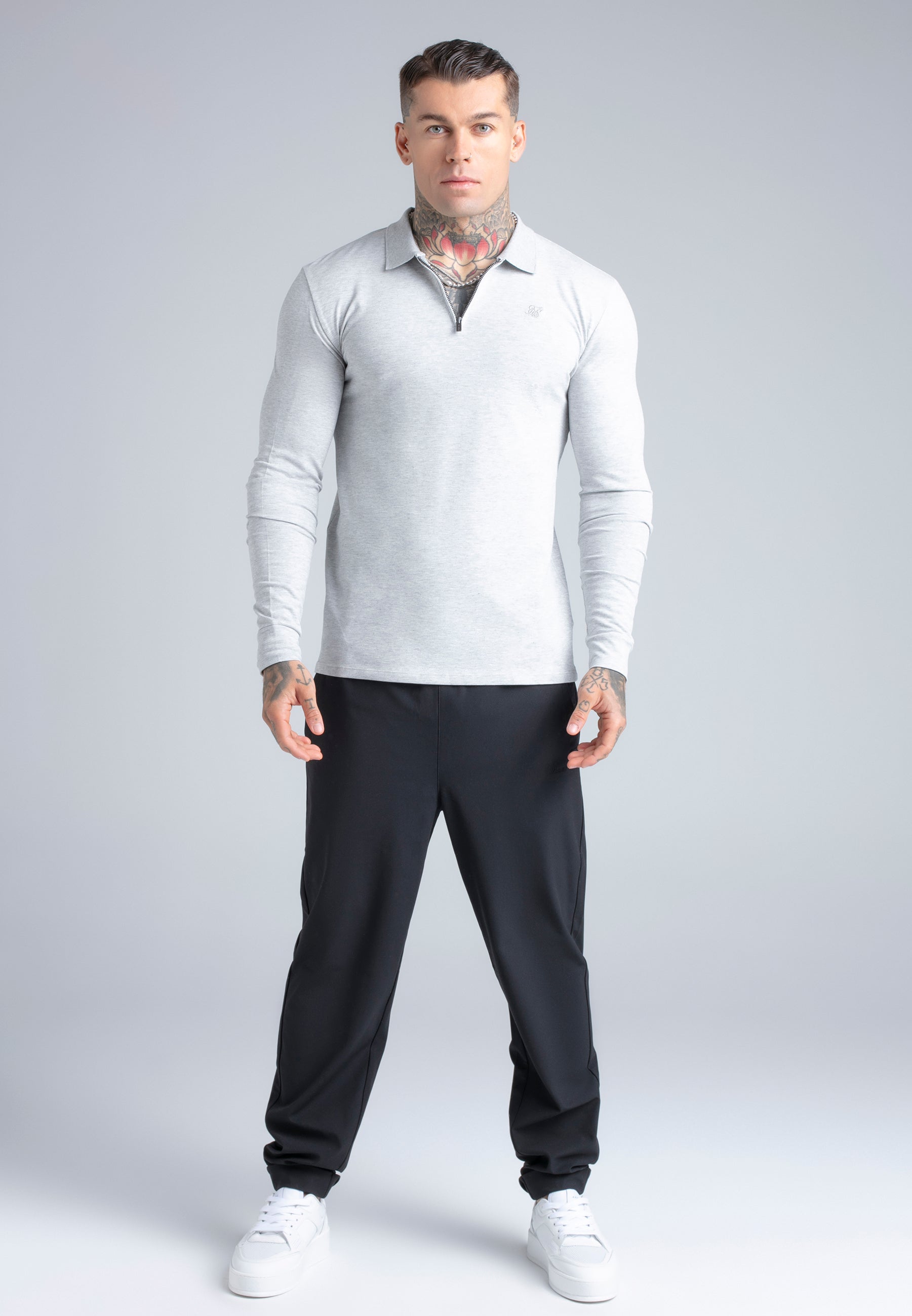 Longsleeved Zip Polo T-Shirt in Grey Marl T-Shirts SikSilk