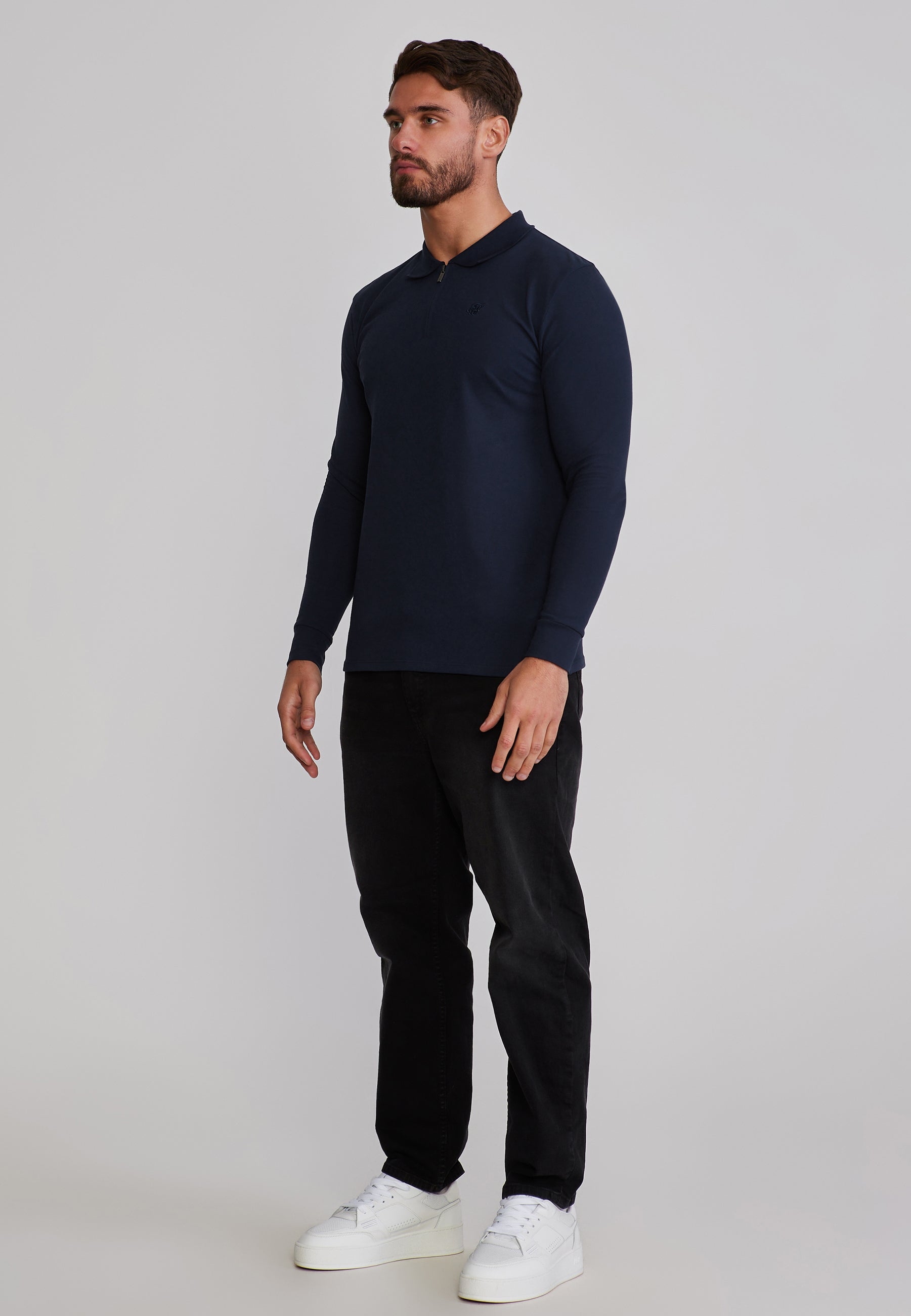 Langarmpolo Zip Polo in Navy T-Shirts SikSilk