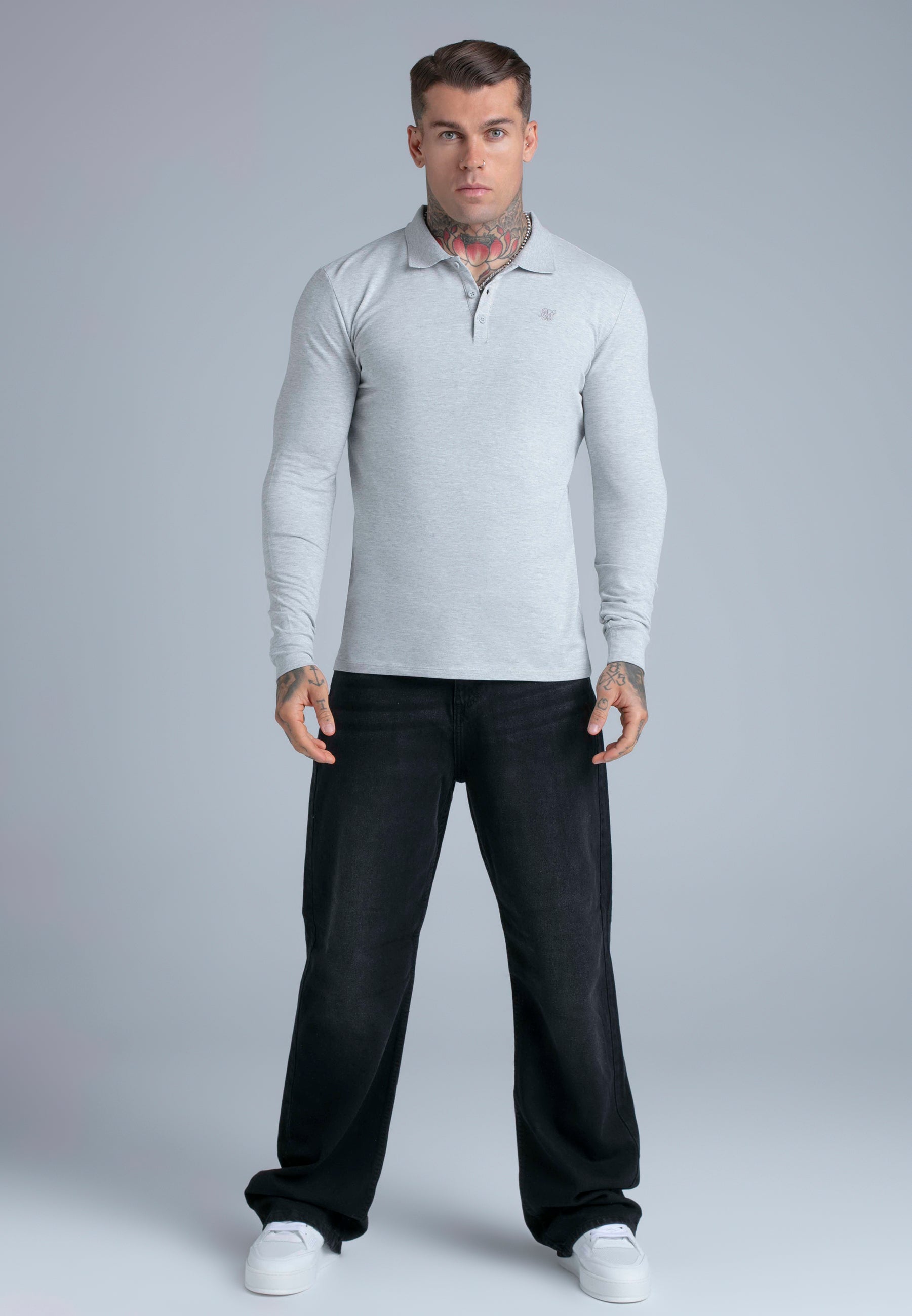 Langarmpolo Button in Grey Marl T-Shirts SikSilk
