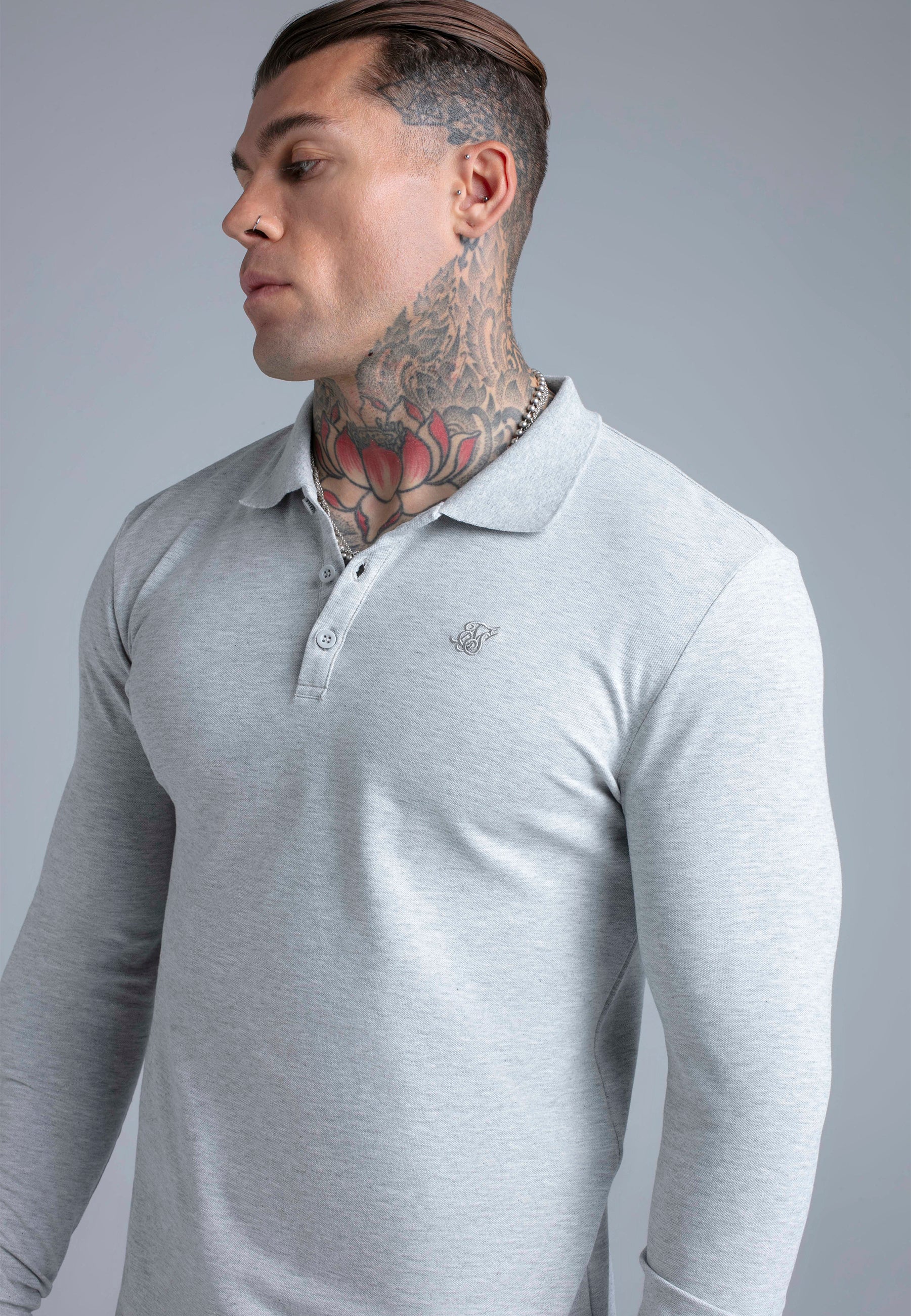 Langarmpolo Button in Grey Marl T-Shirts SikSilk