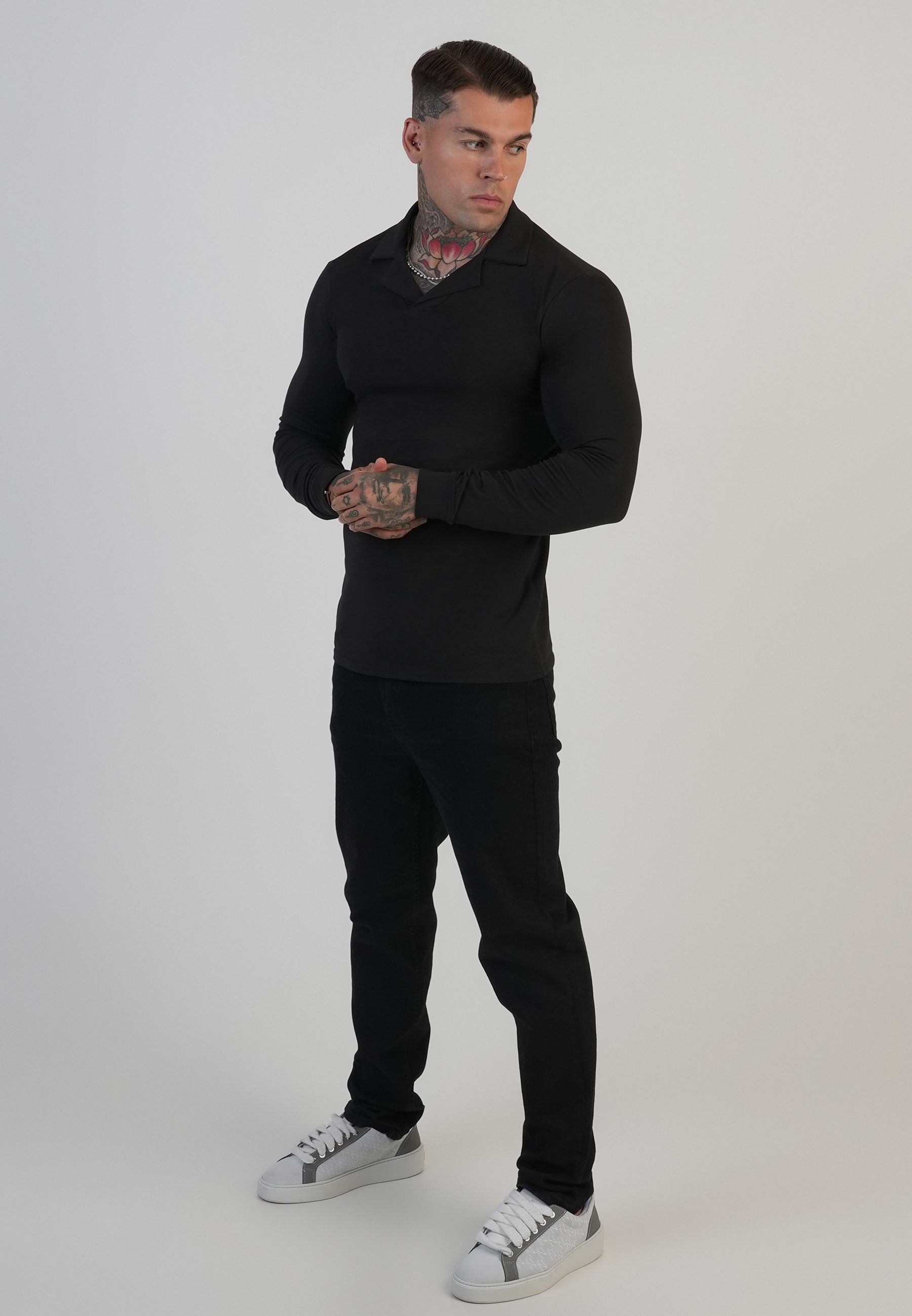Longsleeved Revere Polo in Black T-Shirts SikSilk