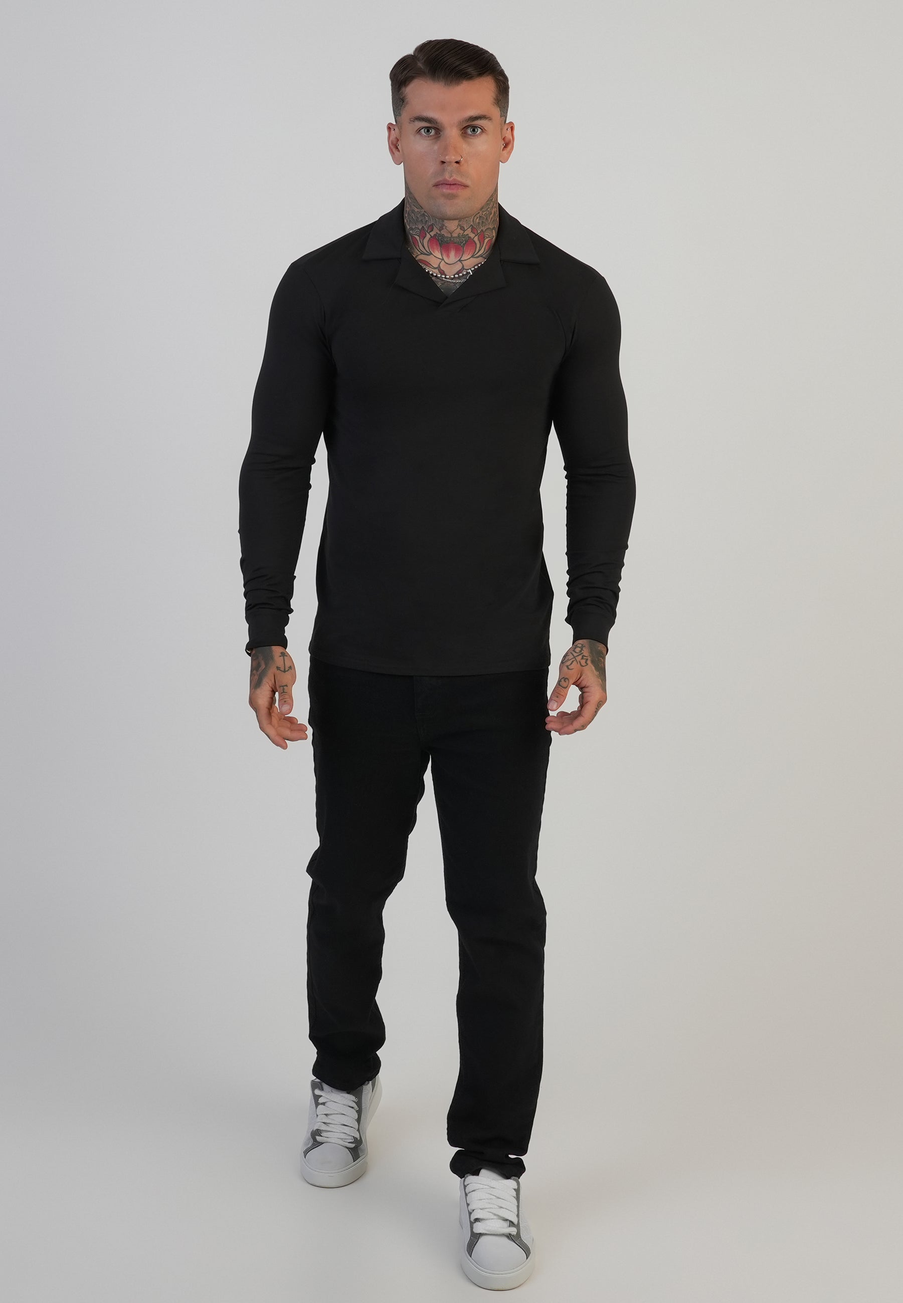 Longsleeved Revere Polo in Black T-Shirts SikSilk