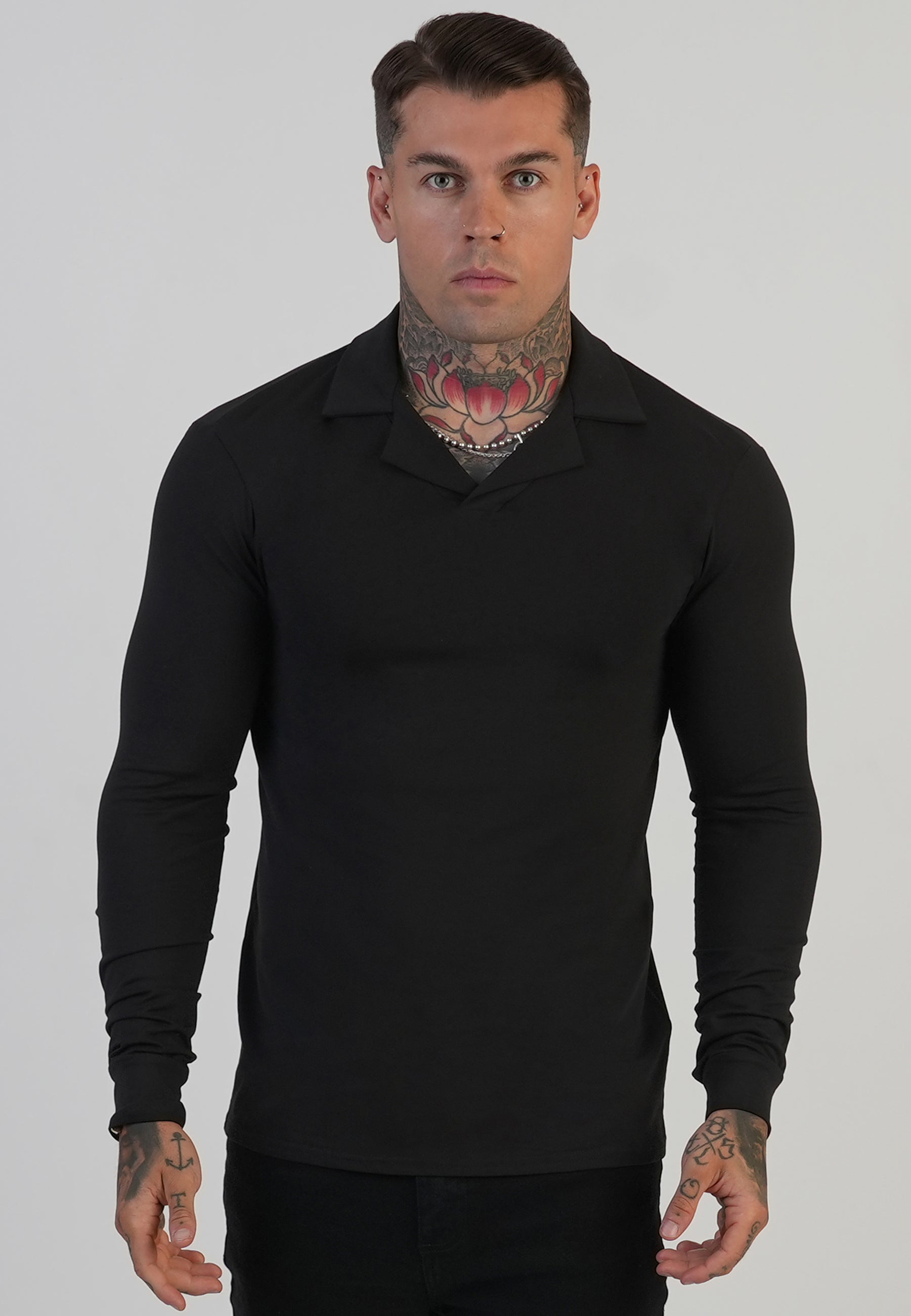 Longsleeved Revere Polo in Black T-Shirts SikSilk