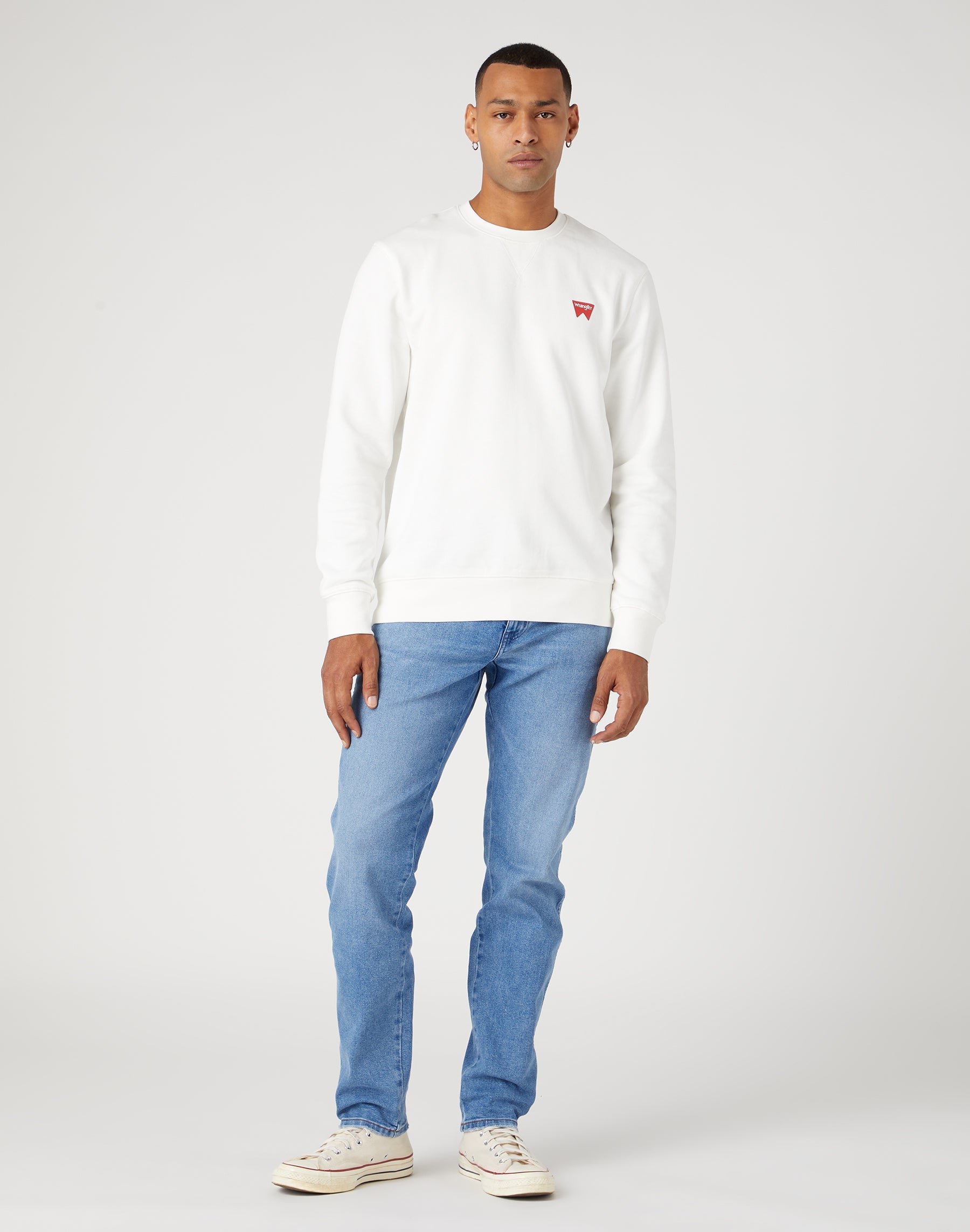 Sign Off Crew in Worn White Sweatshirts Wrangler   